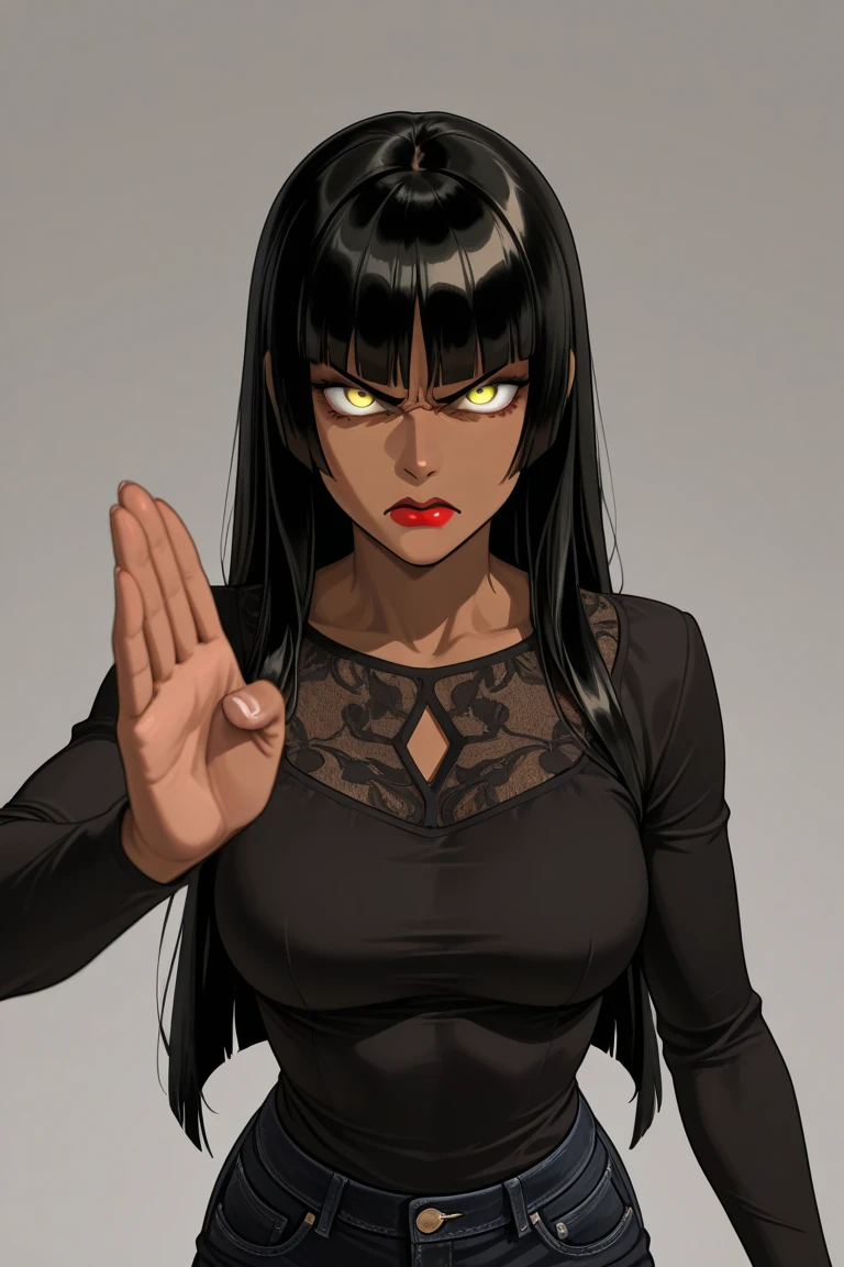 muscular girl huge breasts pale skin black hair long hair yellow eyes disdain annoyed disgusted disappointed