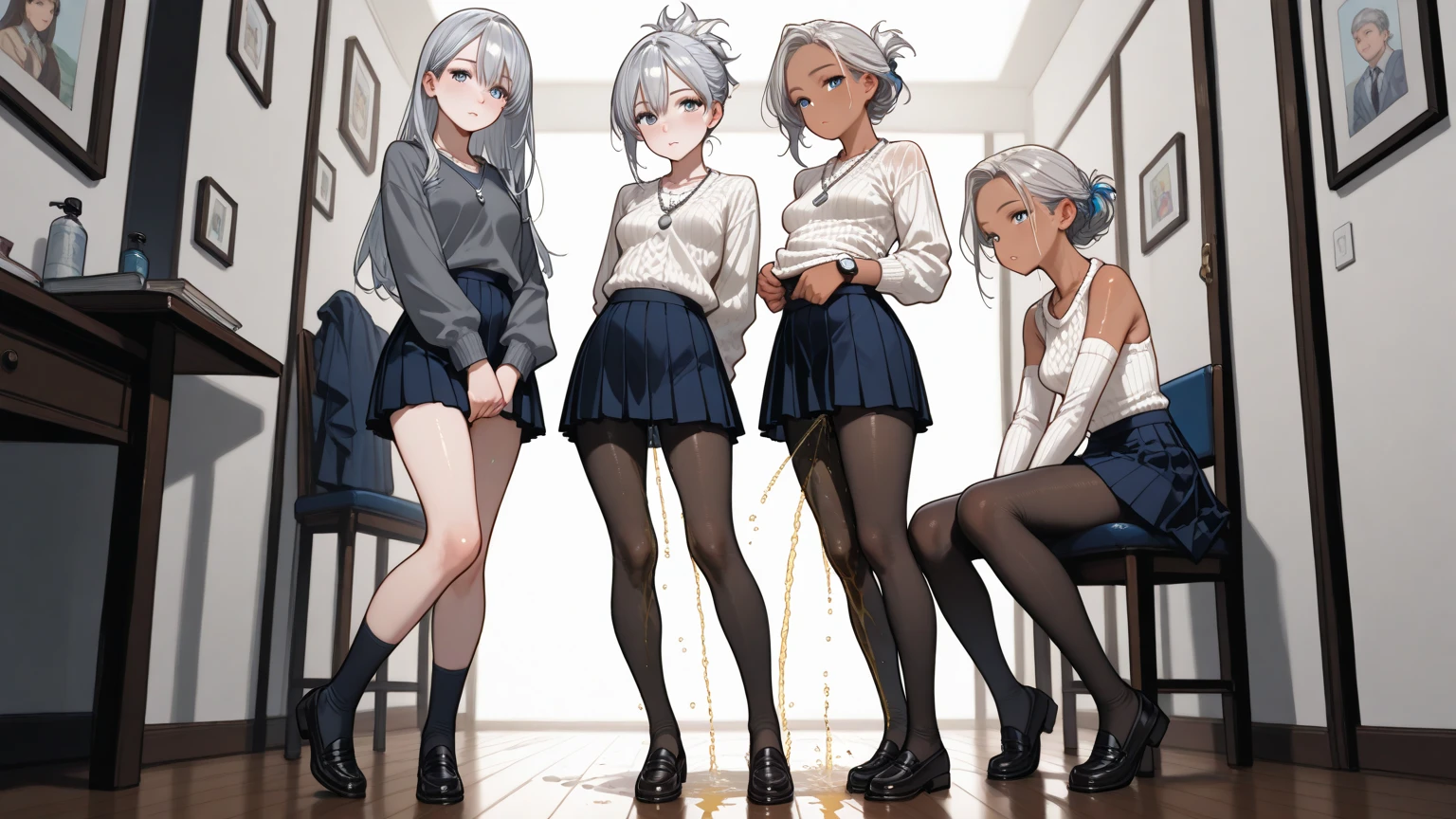 Anime: Girl. 1 girl. Cute girl. . Slave. White hair. Long hair. Blue eyes. Beautiful eyes. Slave collar. Shackles. Dirty tunic. Torn tunic. Dirty panties. Torn panties. barefoot). (Cold: Runny nose. Wants to sneeze. Needs to sneeze. Very desperately wants to sneeze. Sneezing. Sneezing. Snotty sneezing. Snot flows from the nose when sneezing. Nasal mucus. Handkerchief. She sneezed. She sneezed with snot spraying out of her nose. Covers her nose hand. Blows his nose). (Urinary incontinence: Wants to pee. Needs to pee. She pees under herself, pees in her panties, crying, very desperate to pee, she peed herself, urine runs down her thighs to the ground). (Diarrhea: Wants to poop. Very strong desire to poop. She needs to poop. She poops under herself, poops in her panties, she craps herself. The poop comes out of her butt in torn panties and poops on the ground). (The girl sneezed, peed and crap herself while standing, cover her nose with one hand and blow her nose, and the other tightly covers her crotch). (Hand with a handkerchief near the face, hand between the legs). (Shaded face, desperate, worried, sigh, blush all over face, embarrassed, looking: 1.5), (Ultra detailed face, Best quality: 1.5), (From Side) (8K, ultra-detailed, Best quality, anatomically perfect body:1.5), (small breasts:1.2), (shiny skin), (ever tall, full body, standing, (Standing sneezes, pees and poops.) (NSFW, sneeze fetish, Urination, pee, pissing, pining, scat). Standing at full height. Standing poop.