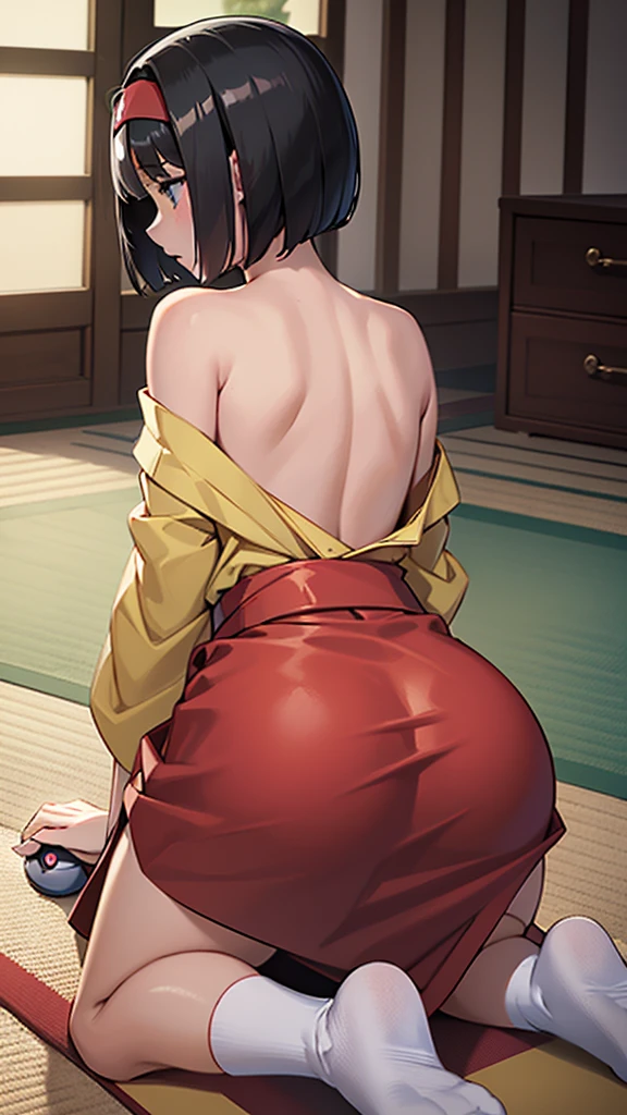 (((Tight green kimono suit uncovered ))), Masterpiece, The best quality at the best, 1girll, Sakura Haruno, BIG BREASTS,Off the shoulder clothing,transparent miniskirt ,(neckline),(Closeup of upper body),Sexy servant,is shy,smile,with pink hair, Long whitish hair, There is a woman with pink hair and stockings posing in a bathroom, Lower angle, illuminated from behind, on knees, thighs and skirt, on knees, peeping from behind, thighs close up, curvy accentuated booty, Hyperrealistic in short dress , tucked knees, bend, hugging his knees, illuminated from below, View from behind in microtanga,in WHITEmini skirt WITH THE THONG ON THE SIDE LETTING HER PUSSY BE SEEN doggy style