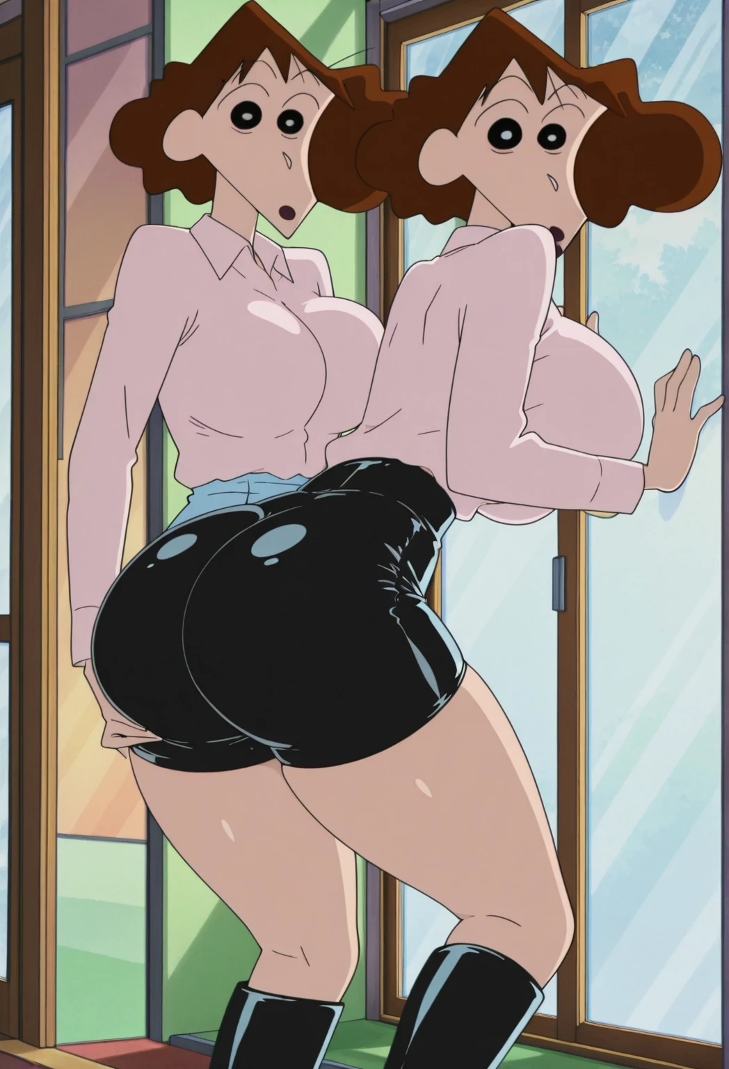 a fully clothed with massive breasts brown curly haired very fat transgender girl in a tight bikini top and sweatpants showing the shape of her large phallus. One head is asking the other head if they can masturbate for the first time, both heads are looking away in embarrassment. Her second head has her hand down her pants to touch her large male genitalia as both heads try to ignore each other uncomfortably.