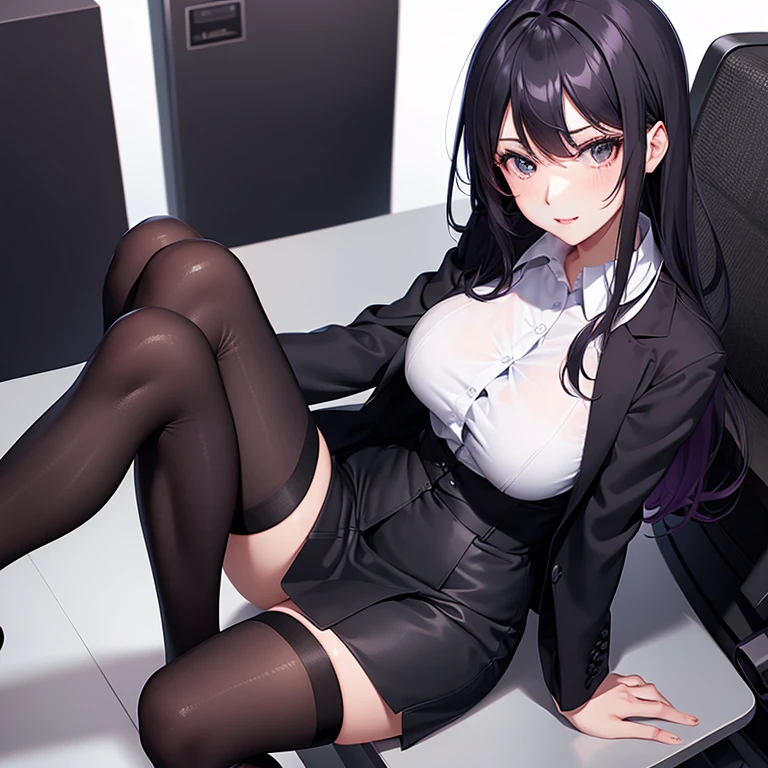 absurd, 8K ,High resolution, Super detailed, beautiful, masterpiece, highest quality, (beautiful and delicate silver eyes), (1 girl) ,OLとして働くセクシーなbeautiful若い女性 (office lady),white button-down blouse,With collar,black slit skirt,(black pantyhose),long legs ,fine legs,high heels,side ponytail , bangs,full body esbian,big breasts,cleavage,purple hair,