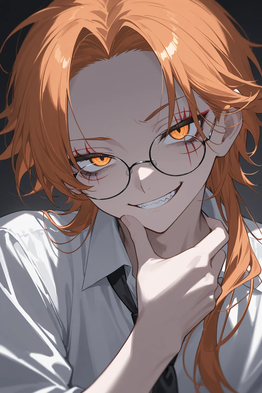 1 guy, blue eyes, blond hair, wears glasses, shoulder-length disheveled hair, male build, looks at the viewer, sly grin, creepy, dressed in a white shirt, black pants, black background, blood on clothes, blood on cheek, shaded face, detailed, beautiful, delicate tones