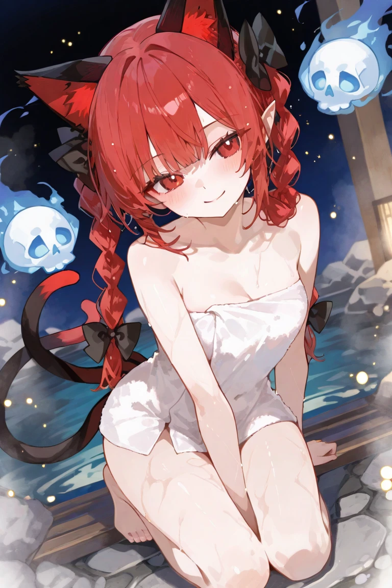 8K, femboy, petit, adult. kawaii vampire, crimson hair, short hair, red eyes, fang, bat wings, smile, (blush), (shy), pointed ears, looking at viewer, dynamic angle, wind, game cg, fantastic scenery, devil tail, demon tail, thin tail, black horns, medium breast, show full body, bulge, show ass, tentacles, bulge in panties, ass, futanari, swimsuit, hot springs, yokai
