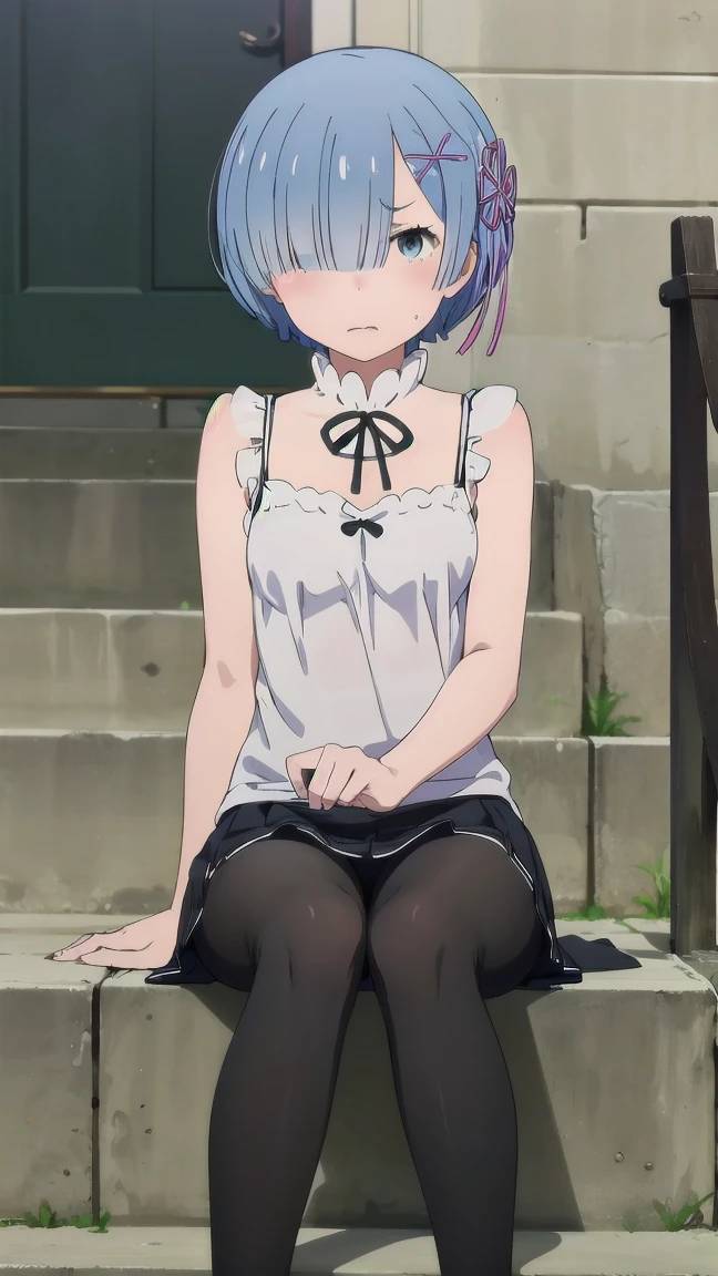 (((Pixel Perfect, Perfect details))), solitary, 1 girl, Rem,camisole,miniskirt,Black pantyhose,looking at the audience, frown,Disgusted face, Sitting on the steps,Those who don't wear shoes