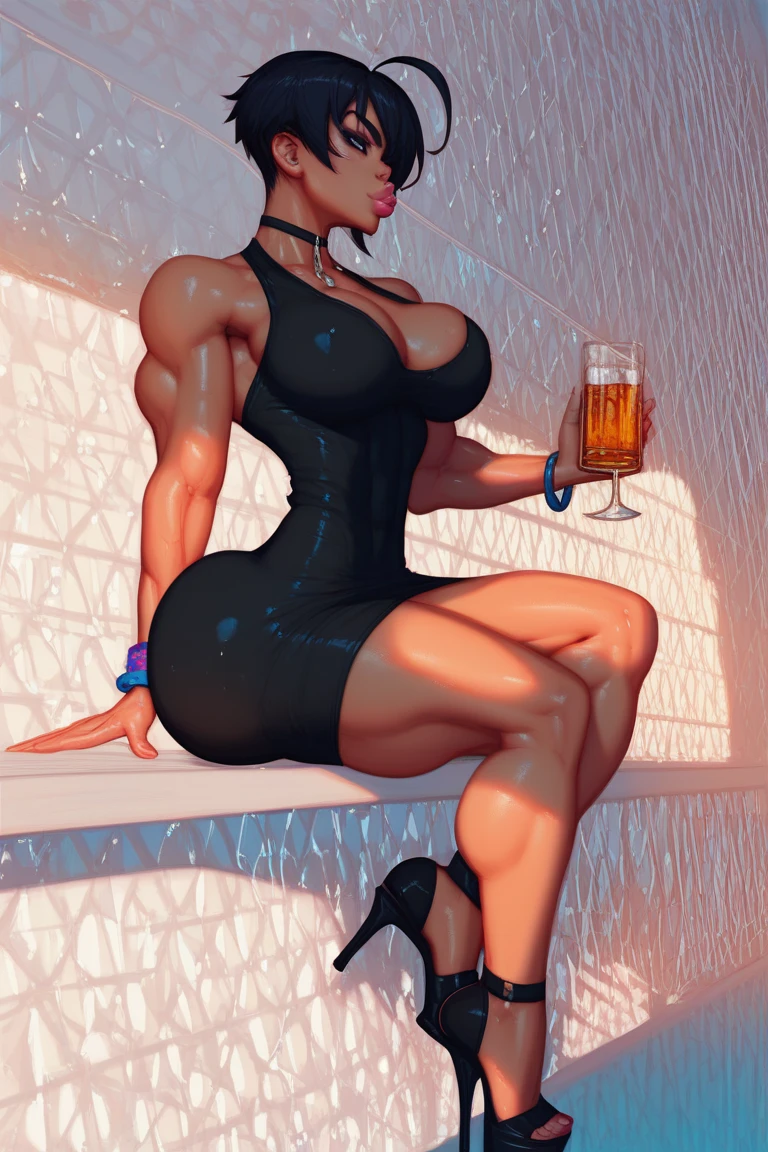 medium breasts, skinny, (wine skin:1.2), <lora:bun_hairstyle-10:0.35> Bun hairstyle, tulle, expressionless, shiny oiled skin<lora:shinyOiledSkin_v1:0.8:TT>, beautiful scenery, guard tower, sitting, looking at viewer, <lora:Winton_Kidd_Style:0.85> winton kidd, silent comic, blush