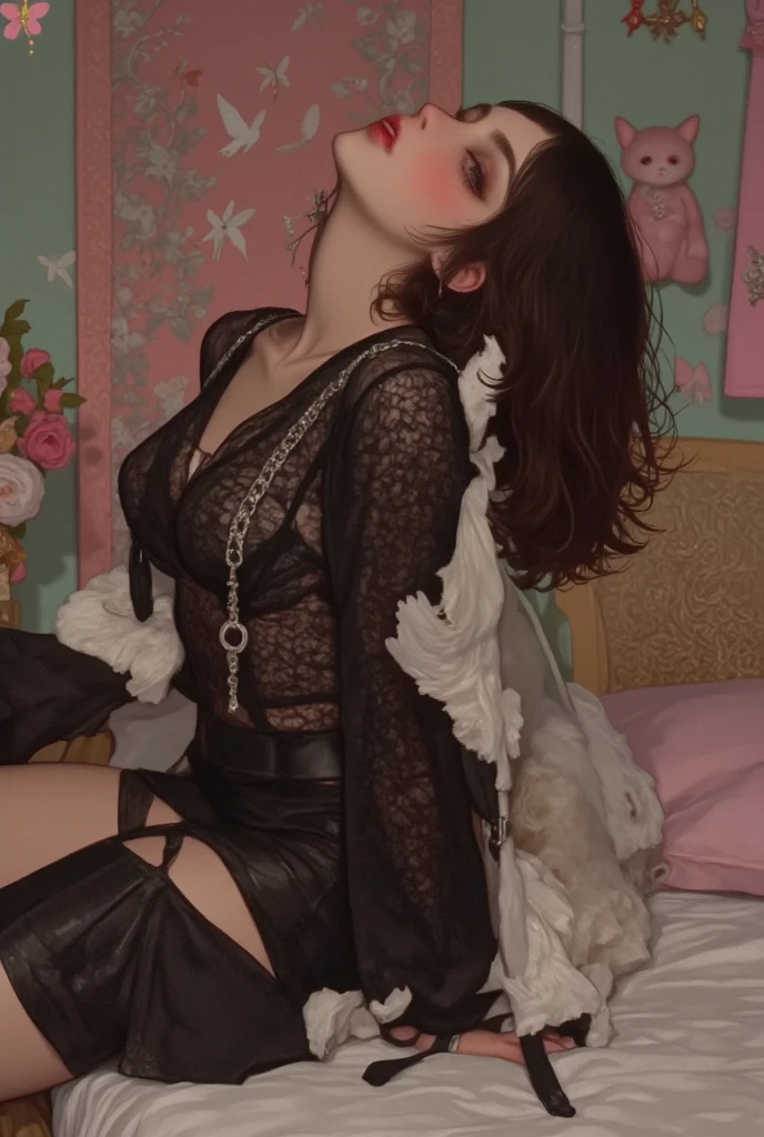 there is a (short) beautiful aroused young French lolita ((goth lawyer)) with long wavy vermilion hair sitting on expensive office chair (while taking selfie), (panting erotic expression while hand on vulva) in a study room, (mess of herbal joints and teapot beside her on desk), (wearing embroidered dragon-inspired luxurious silk lawyer's suit, (very small flat breasts) and dainty navel piercing), (wearing ruby jewel necklace), (wearing lace gloves), (incense burning in background), (overgrown potted cannabis sativa plants), (plump legs spread exposing visible hairy pubes), (detailed perfect aroused vulva), (llama grazing outside of window)