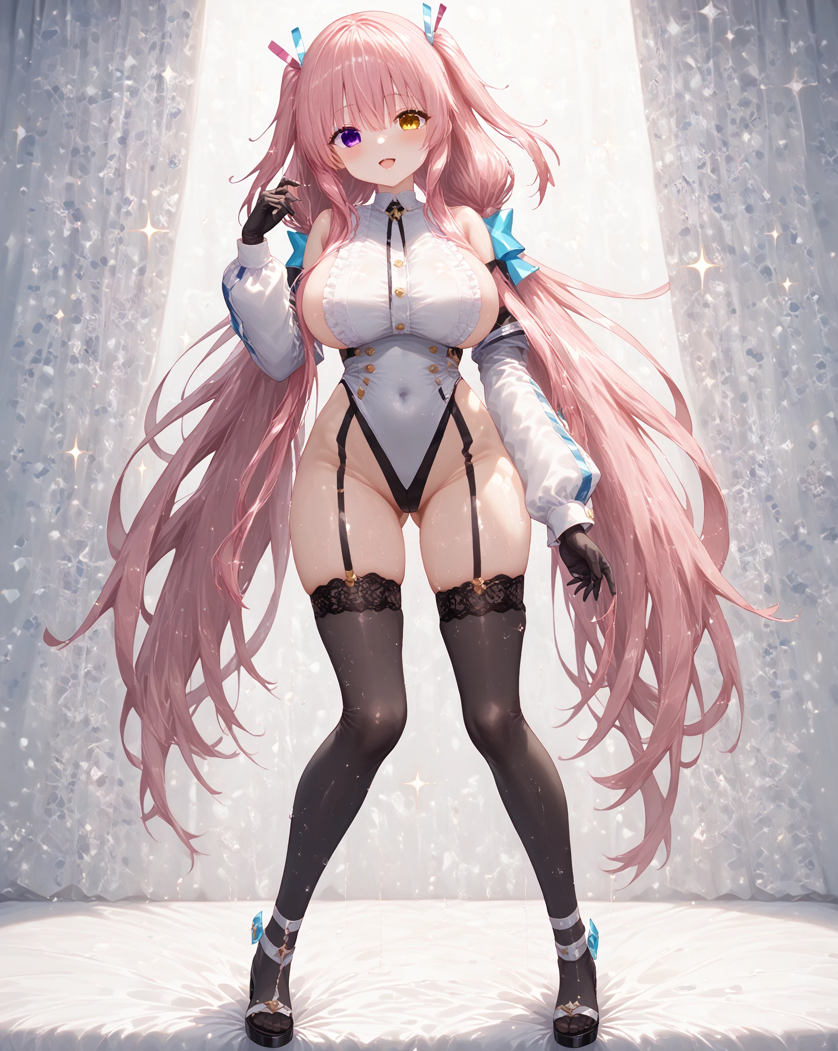 Anime Waifu beautiful detailed eyes, beautiful detailed lips, extremely detailed eyes and face, longeyelashes, 1girl, sensuous, young woman, medium breasts, beautiful feminine face, nice thighs, slim, sexly, erotic, beautiful clothes, perfect body, cinematic lighting and framing, (best quality,4K,8k,highres,masterpiece:1.2),ultra-detailed,digital painting,portrait,glamorous,highly detailed,soft lighting,warm color tones artwork, highest quallity,gorgeous eyes, cute hair, beautiful face, beautiful fur, standing alone, 1 girl, した乳head, anime girls, (all-body), curved, beautiful breasts,shining skin,glare eyes, soft skin, shining skin, soft skin, shining skin, (Purple slingshot swimsuit without shoulder embellishments, head, or abdomen.)、side bust, neckleace, bare feet, high-heels, (pink hair), (bare head:1.3), (bared shoulders:1.3), (bare clavicles:1.3), fake bunny ears, blue colored eyes, They are standing
