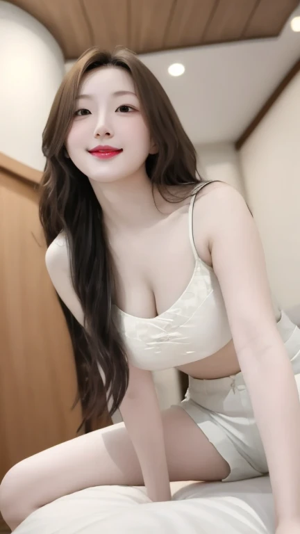 (top quality、8k、masterpiece:1.3))、30-year-old Korean woman，sharp focus, High level of image quality, high resolution，facial focus，Portrait ID photo，Upper body photo。Draw lips correctly, parted lips，Wear a white shirts，red tie, long black hair，Mature woman，charming smile，big breast, puffed chest, Pink warm color background，solid color background, table shots 