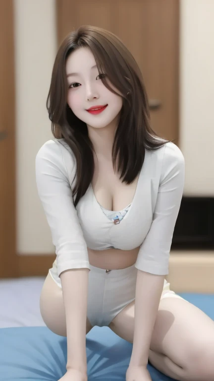  (8k, RAW Photos, highest quality, masterpiece:1.2), (Realistic, photo-Realistic), (Highly detailed 8k wallpaper)A carefully crafted face、Beautiful fingers、Beautiful Hands、、Skin Texture），alone、smile、(woman)、14 years old、(Accentuate your cleavage)、whole body、Idol sculpture、Long Hair、alone、Beautiful double eyelids、(Blushing), (White tight t-shirt)、(Black short skirt)、business hotel、Accentuate your cleavage、(bed scene)、(woman)、(Sweat)、(Accentuate your cleavage)