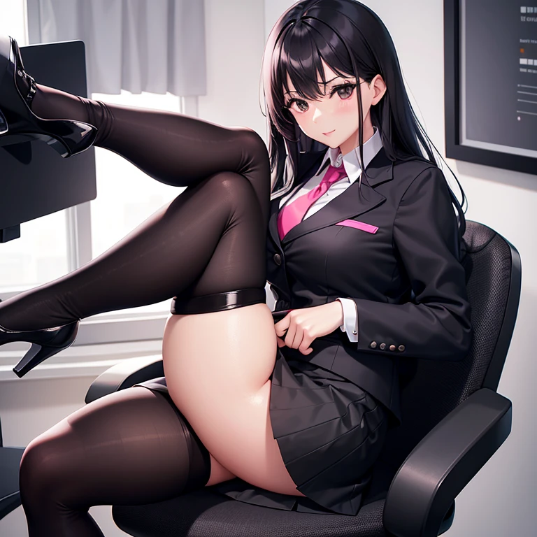 (Masterpiece, top quality, high resolution, realistic photo, realistic looking skin:1.1),
(Woman is sitting in office chair in desk with file drawers:1.5),
(She has her legs crossed and is lecturing me and you can almost see her panties: 1.8),
(She is expressionless: 1.5),
(She has a mature face:1.5), 
(She is wearing a gray blazer and gray skirt set-up with a v-neck undergarment: 1.8),
(Both of her legs are bare: 1.8),
(She is wearing black pumps: 1.8),
(Panties are white lace with a pattern on them: 1.5),
(She has medium black hair:1.5),
(Location: office chair at position desk in office:1.5),
1 Japanese girl, solo, full bodied esbian, beautiful eyes, glowing eyes, glowing thighs, NSFW