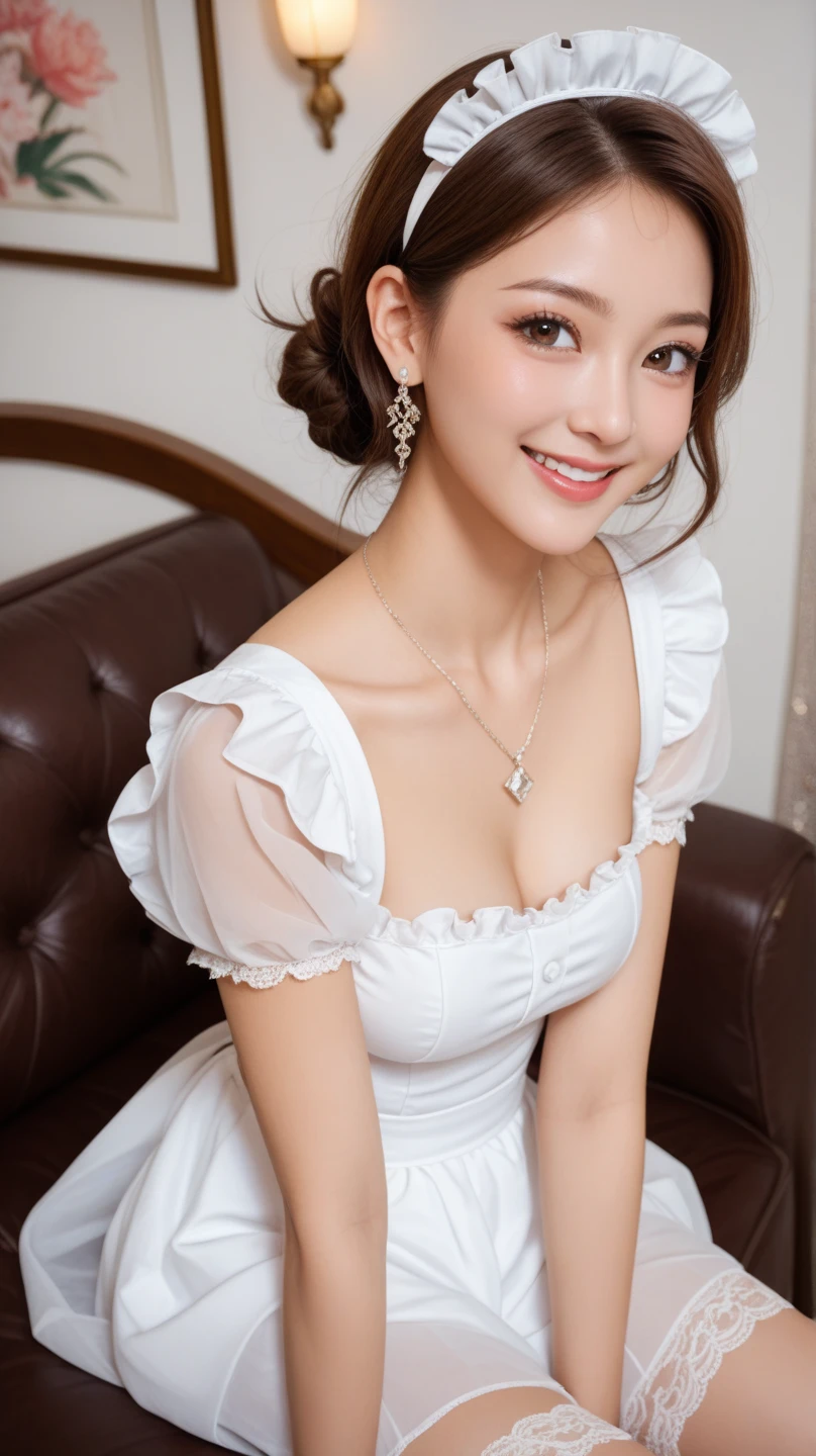 a young girl with white skin, ((short tiered dark brown hair)), V-cut with layers and bangs, brown eyes, soft features (best quality, ultra high resolution, 8k, RAW photo, ultra high resolution: 1.2, masterpiece: 1.3), (realistic, realism: 1.37), highly detailed, professional lighting, photon mapping, radiosity, physically based rendering, single girl, (high school girl), sharp focus: 1.2, beautiful woman: 1.4, cute, nice, adorable smile, normal chest, cross necklace, earrings, ring, (cleavage), ((short dark brown hair)), (cute smile showing teeth) wearing a classic lolita dress with a delicate lace collar, puffed sleeves and a floral print. She is sitting in a vintage tea room with a cup of tea and a plate of pastries.