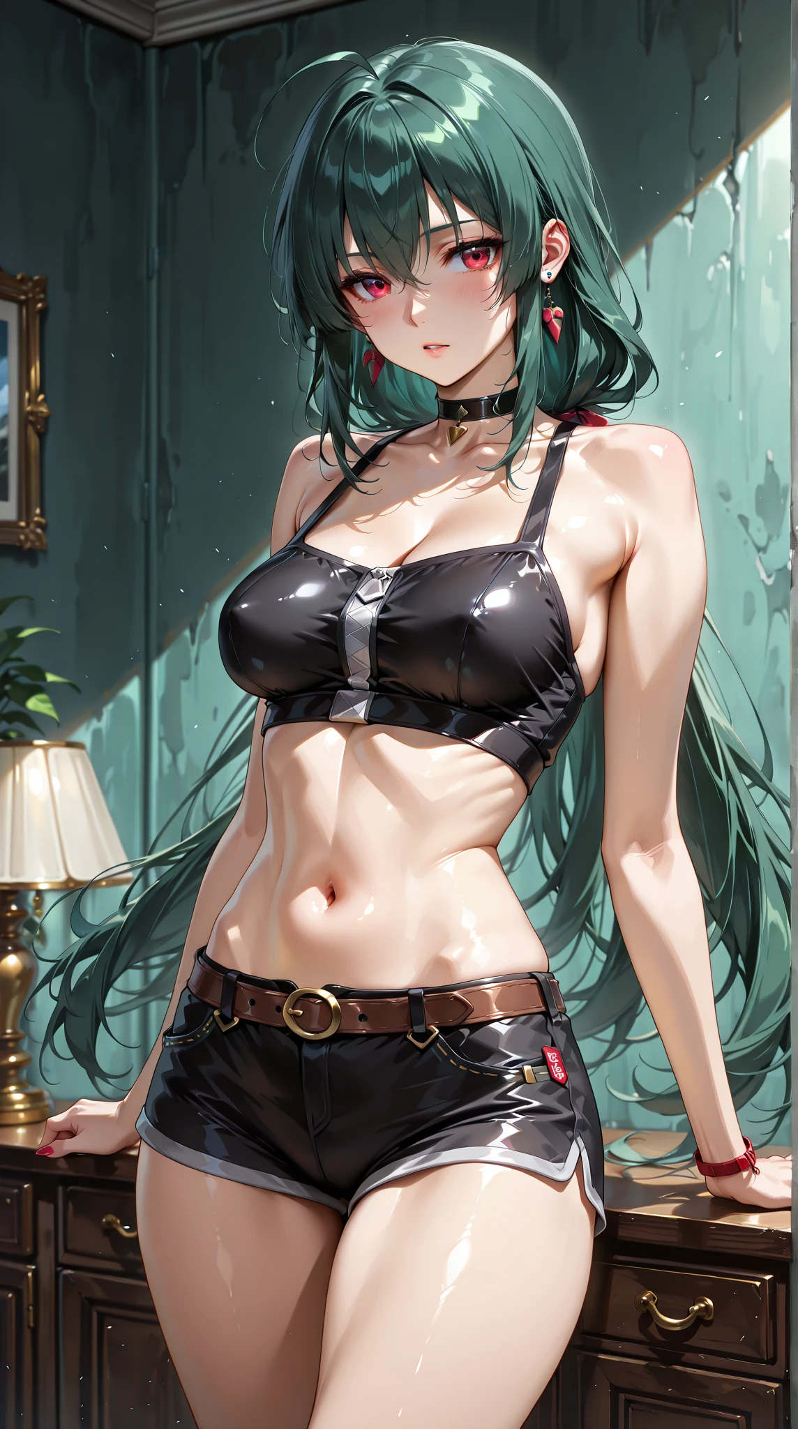 ((best quality)), ((Masterpiece)), (details), perfect face,ยามาโตะ จาก One Piece,Young woman,Cute face,long white-green hair,black eyes,He has red-orange horns. ,white shirt,red skirt,sensuality,Milk groove,round milk,Beautiful chest,white skin,stand,expressionless face,Masterpiece,realistic,blur,4k,Shiny skin