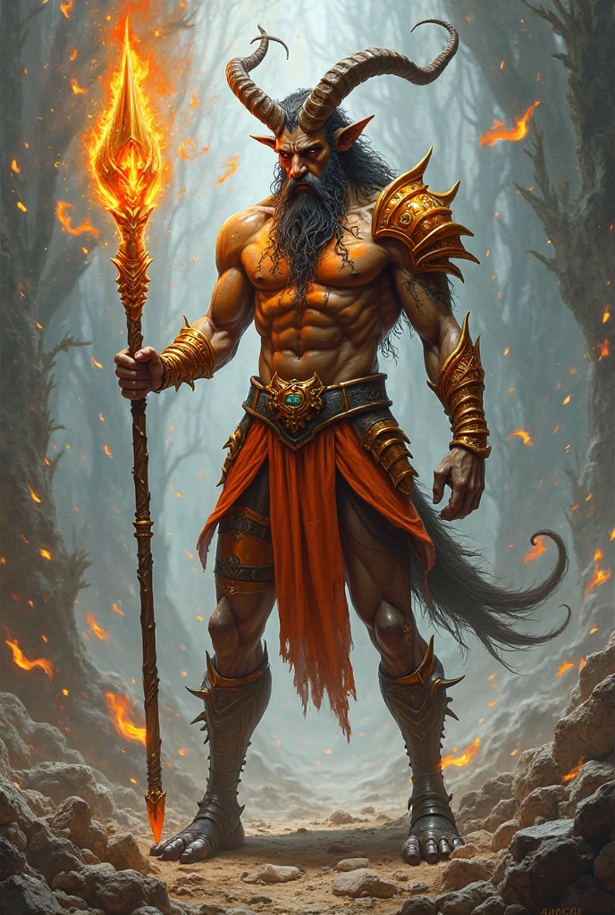 Character with a stick that looks like a sun a muscular body is powerful with a symbol of the sun orange arms with metal relief legs with disappointed symbols black eyes are yellow a metal crown that looks like the sun is a dangerous fighter side with throbbing muscles 