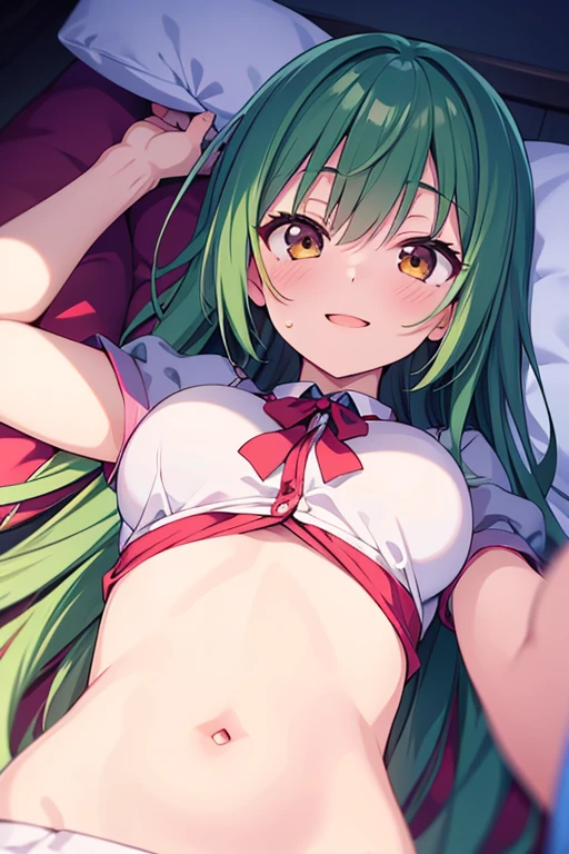 (((close up panties))), (I look up at the girls from the ground.)、(The girls who surrounded me and hugged me)、((A seductive wicked smile)), (Magic Warrior)、low length、(thin)、((5 years old girl))、(Transparent fair skin), (((child girl)))、Wavy、(Green Hair)、ponytail、(Forehead)、Big eyes、Grey Eyes、purple shoulder protectorred, Red cropped tank top、(covered nipples), ((Angle from below1.5)), Red short flared skirt、belly button、(Thighs), red panties, crotch、(Angle from the bottom of the girl), ((Girl squeezes me with her crotch)), (at a research facility)、((A pale aura surrounds))、((crouching))