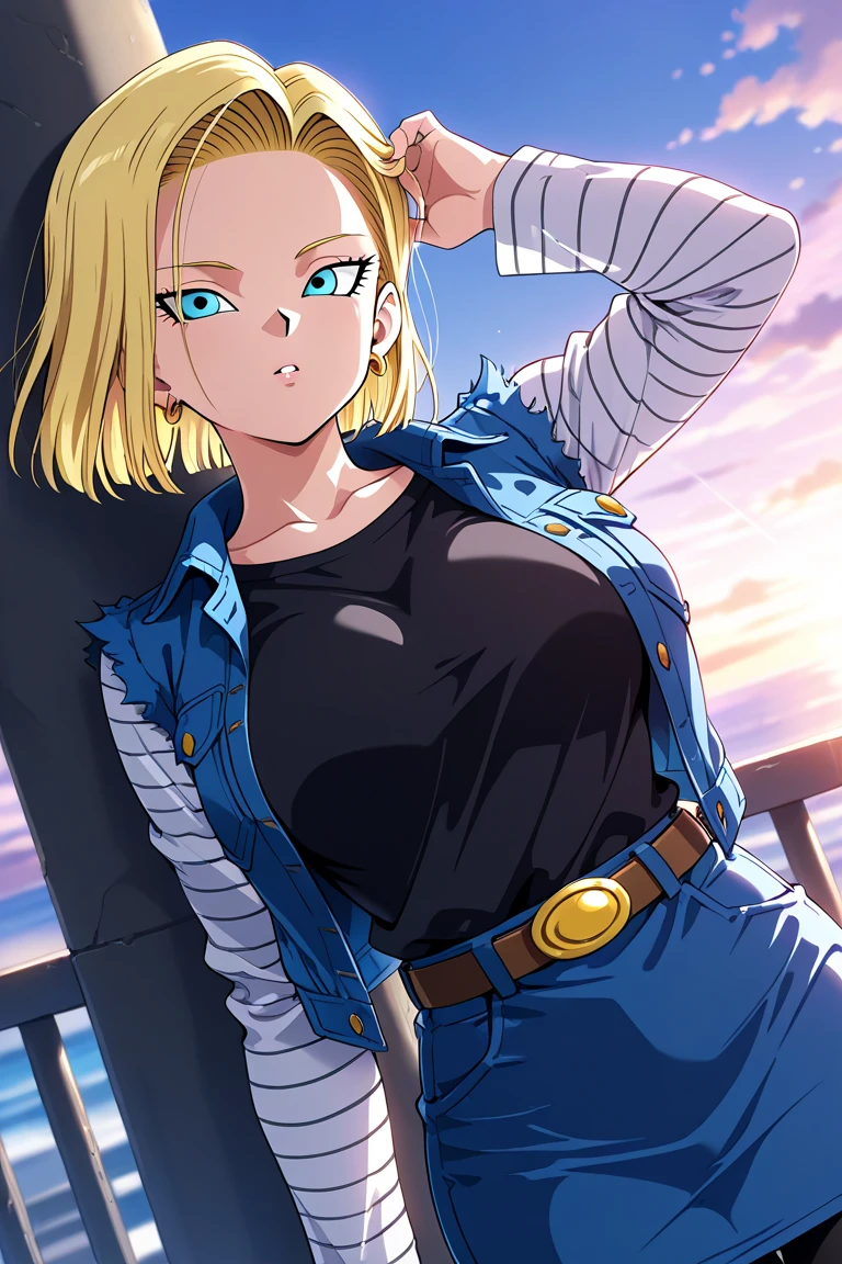 Android 18, from dragon ball, jeans skirt, blonde short hair, blue eyes, city background, sexy look, showing armpits and pussy half naked.
