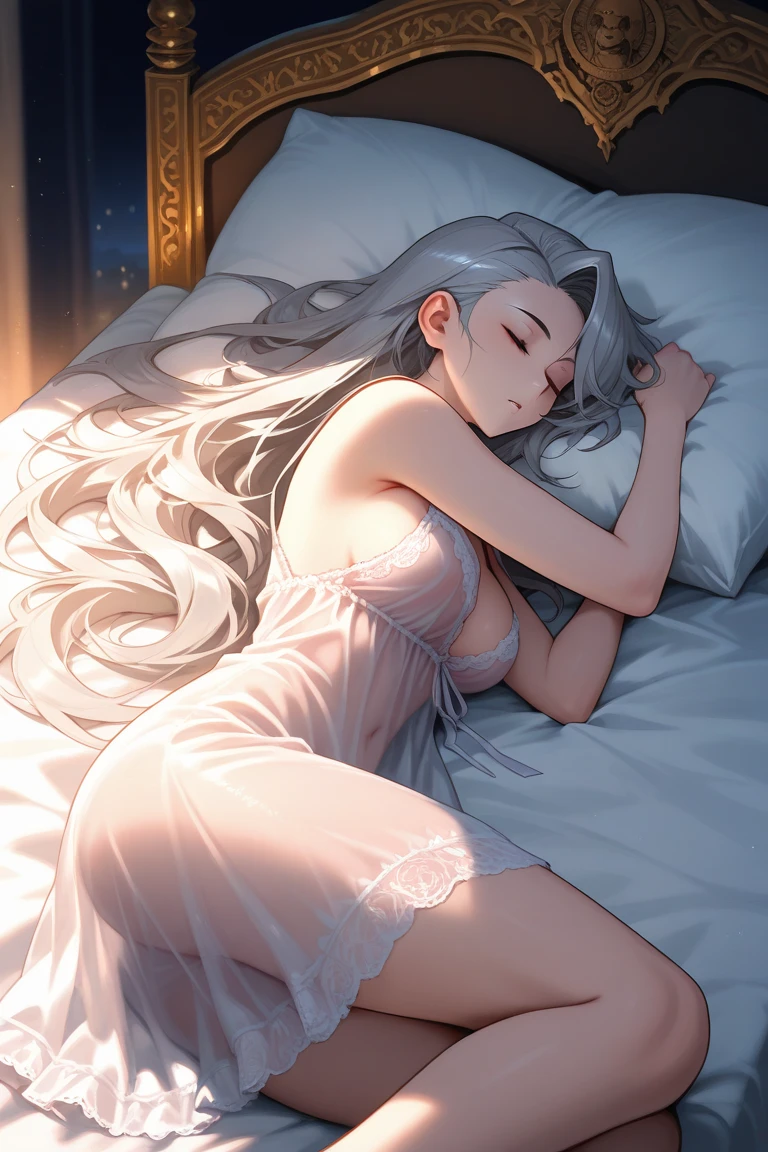 Num quarto iluminado por uma suave luz, uma linda mulher repousa na cama, deitada de costas. Its delicately sculpted profile is softened by the contours of the bed, while your hair falls gracefully onto the sheets. A serenidade em seu rosto sugere tranquilidade, perhaps wrapped in serene thoughts or reflections. O ambiente ao redor destaca a atmosfera calma e acolhedora, providing a setting for rest and introspection