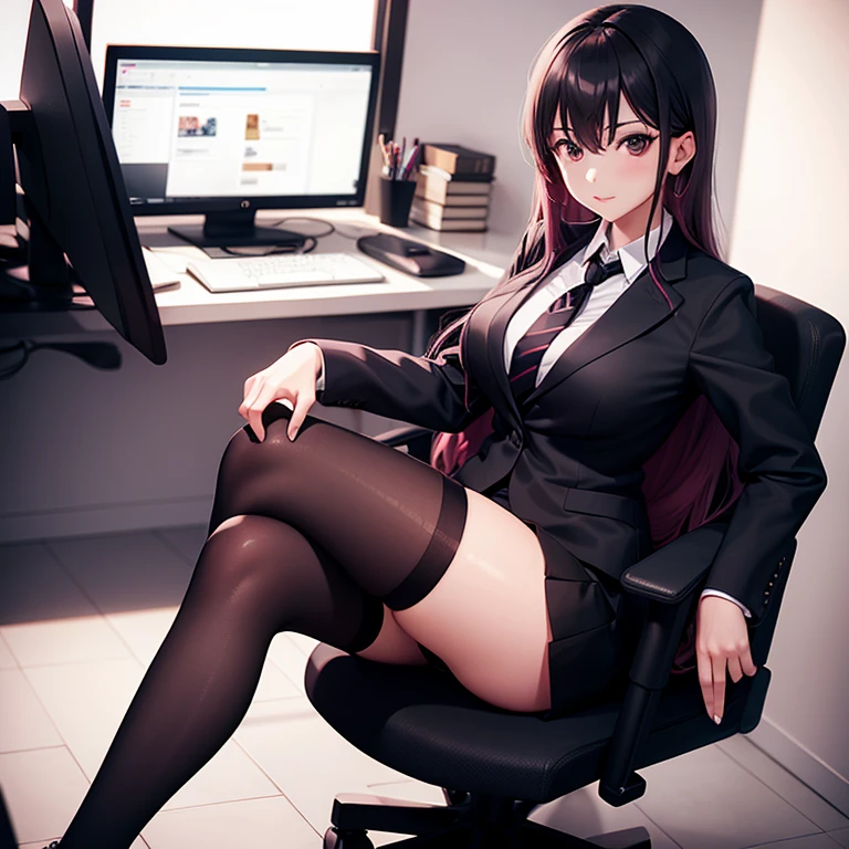 NSFW、27 years old、Ahegao、cross-eyed、office girl、open white shirt、Black tight skirt rolled up、light brown pantyhose、M-shaped legs、spread your legs wide、Precise human body structure、accurately depict limbs、five fingers、sit in a chair