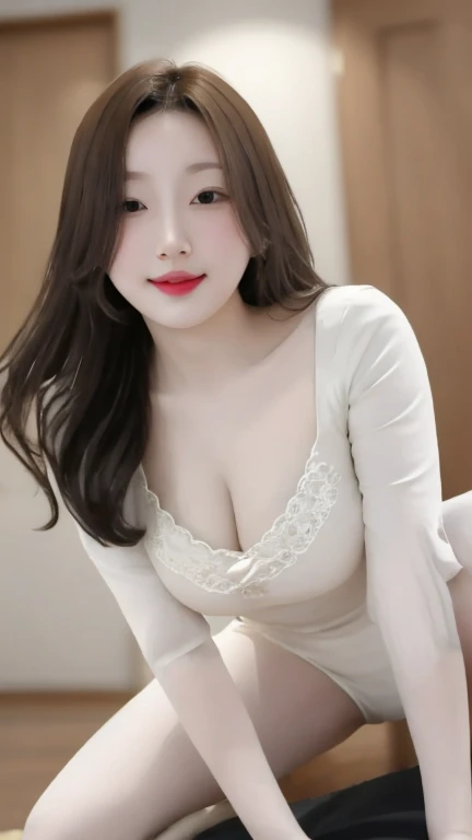 Generate a beautiful older sister in pajamas smiling on the bed in the highest quality and resolution. She has unkempt black hair and still looks sleepy. The large cleavage, which does not resemble a body, looks attractive in the morning sun.