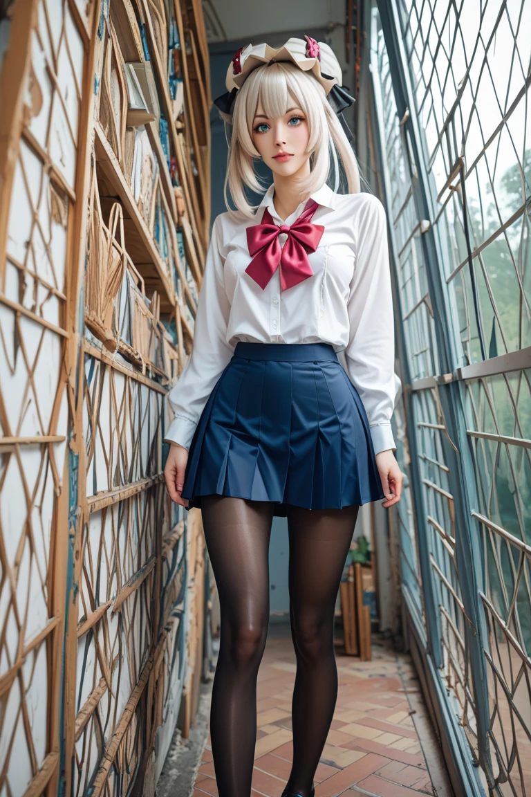 masterpiece, best quality, super detailed, beautiful detailed face, intricate details, illustration, flat color, depth of field, outline, overall view, camera far away, girl, teenager, anime, standing, standing straight to the camera, full height, leading the whole girl, wide stance, legs spread wider than shoulders, hands at the waist, hands on the belt, elbows to the sides, (village:1), nature, (blonde:1.6), (twintails:1.5), red pleated mini skirt, red skirt, white shirt, white shirt, unbuttoned top buttons, unbuttoned shirt, white blouse, (without bra:1.1), plunging neckline, black tights, detailed leather texture, detailed fabric texture, huge breasts, (blue eyes:1,1), (ruddy:1), dissatisfied, angry, furious, frowned