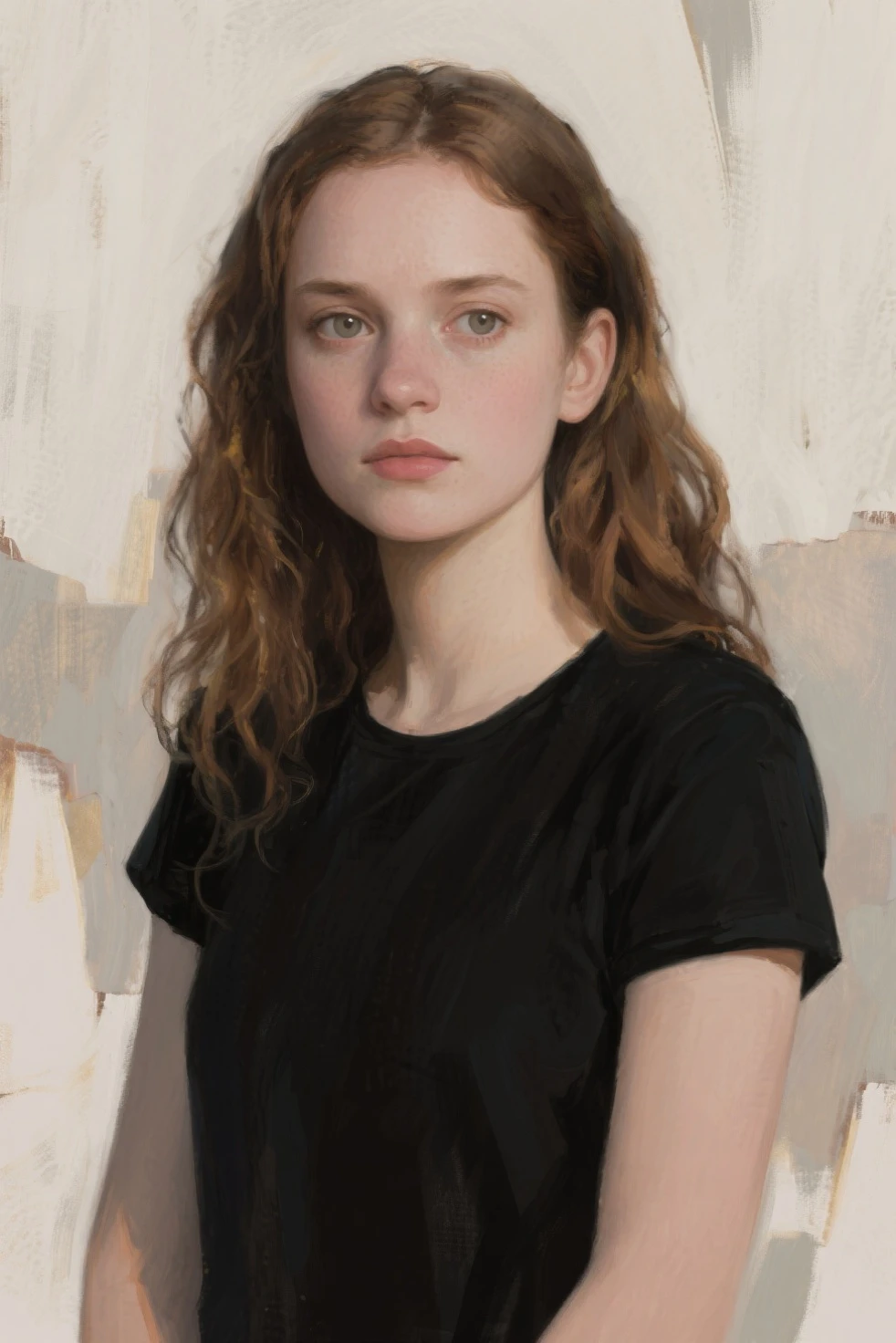 a watercolor painting of a ((pale skin)), defined muscles, six-pack abs, freckled, brunette teenager resembling Emma Watson, with blue eyes, blushing cheeks, pigtails, cowboy hat, naked, smiling, in the style of Norman Rockwell