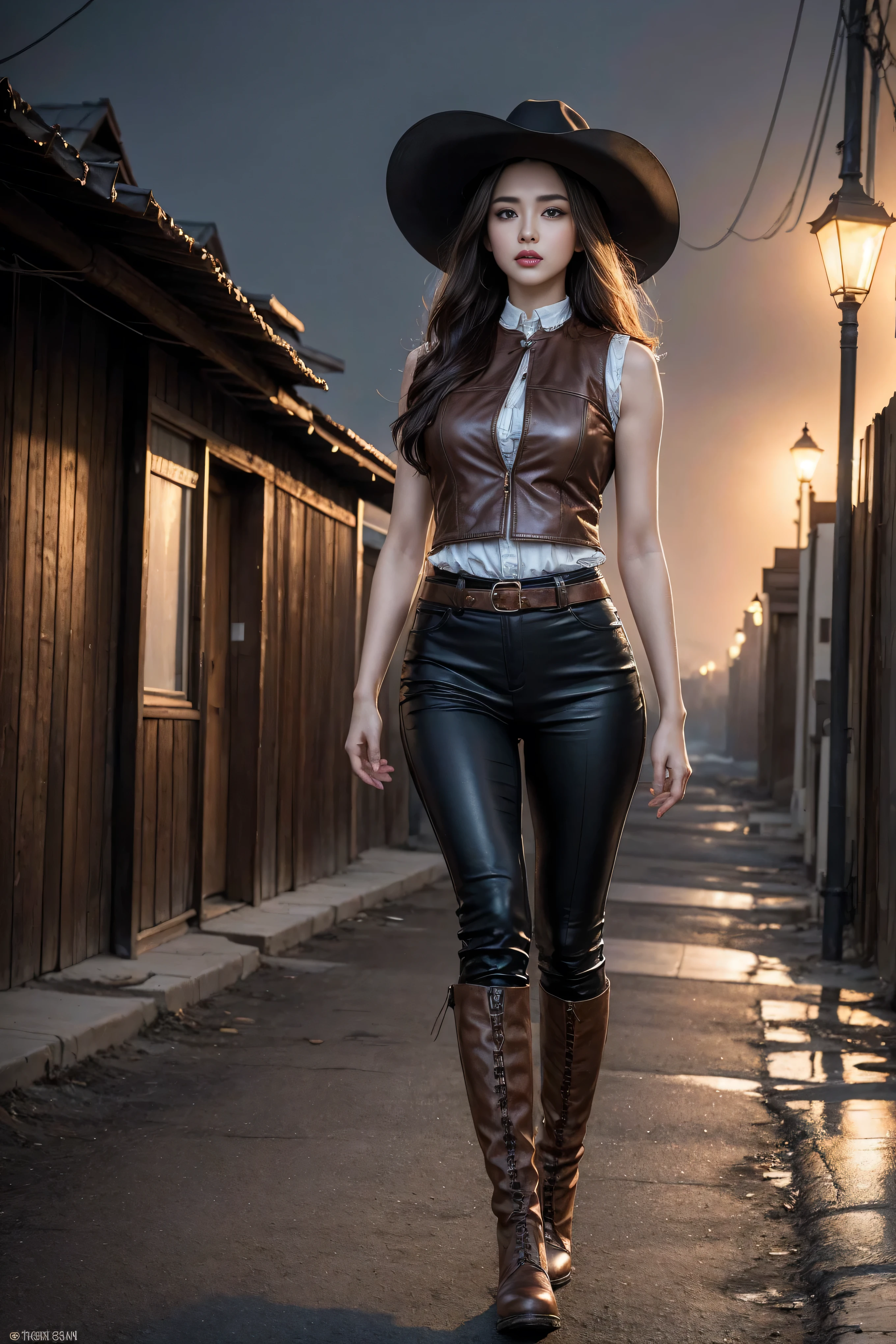 Full body cowboy woman circa 1880s, Brown long straight hair, Brown eyes, High arched eyebrows, Slender and graceful neck, Red lips, Large Breasts, Brown Leather Tights, Sleeveless Brown Leather Vest, Leather Boots, Walking on the dusty sandy streets of a deserted North American town，The wind blew through her hair, Practical, photoPractical, photoPractical, fear, Dark gloomy atmosphere and dramatic lighting, dark red, Foggy environment, Detailed facial expressions, Terrible fog