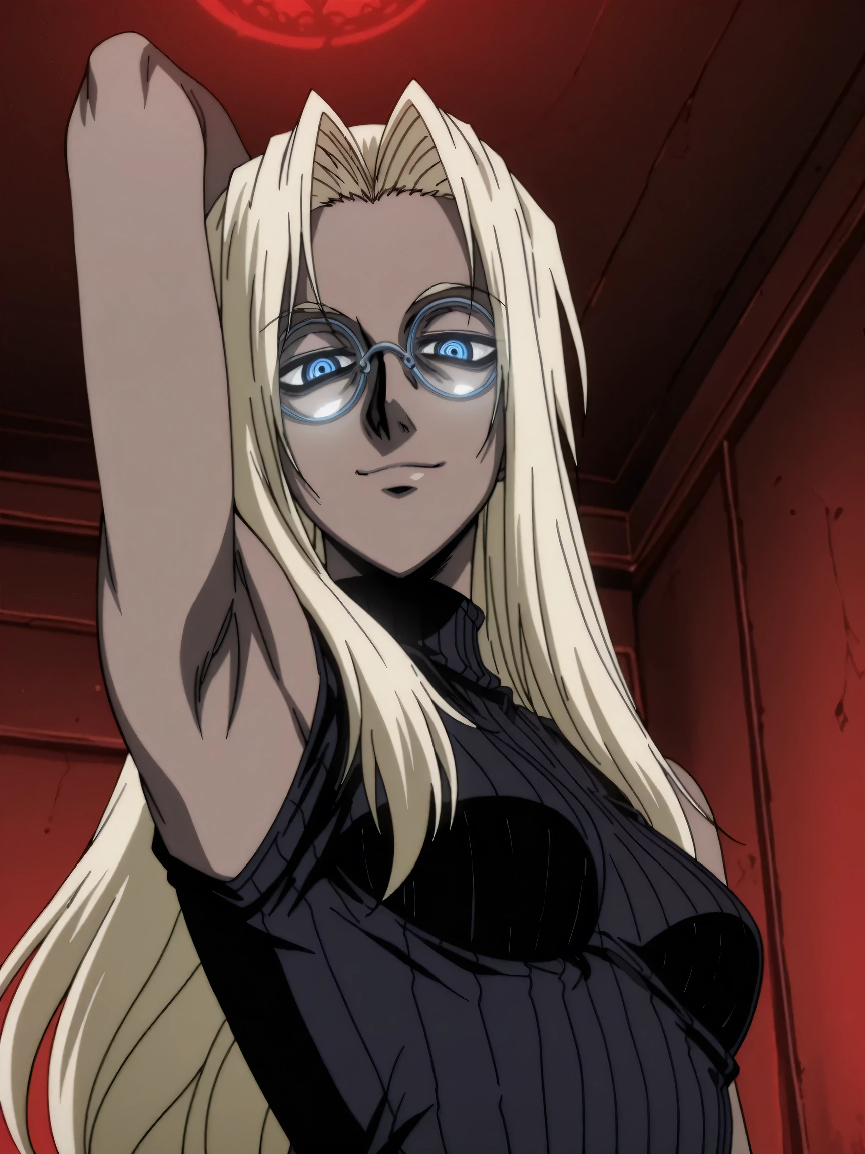 masterpiece, best quality, amazing quality, anime screencap, anime coloring, 1girl, solo, Hellsing_style, IntegraHellsing, mature female, blonde hair, forehead, very long hair, dark skin, blue eyes, small breasts, glasses, black sweater, sleeveless sweater, ribbed sweater, turtleneck, sleeveless, bare shoulders, bare arms, arm behind head, armpit, armpit focus, head towards viewer, looking at viewer, direct eye contact, half-closed eyes, light smile, confident, closed mouth, indoors, from side, from below