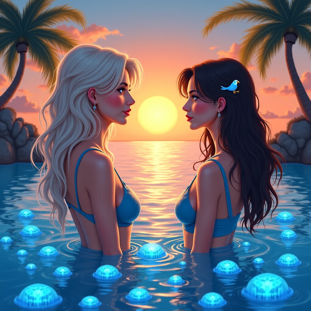 the ocean，Beautuful Women，Beautuful Women，prette，the shark，full bodyesbian，in a panoramic view，The face is fine，