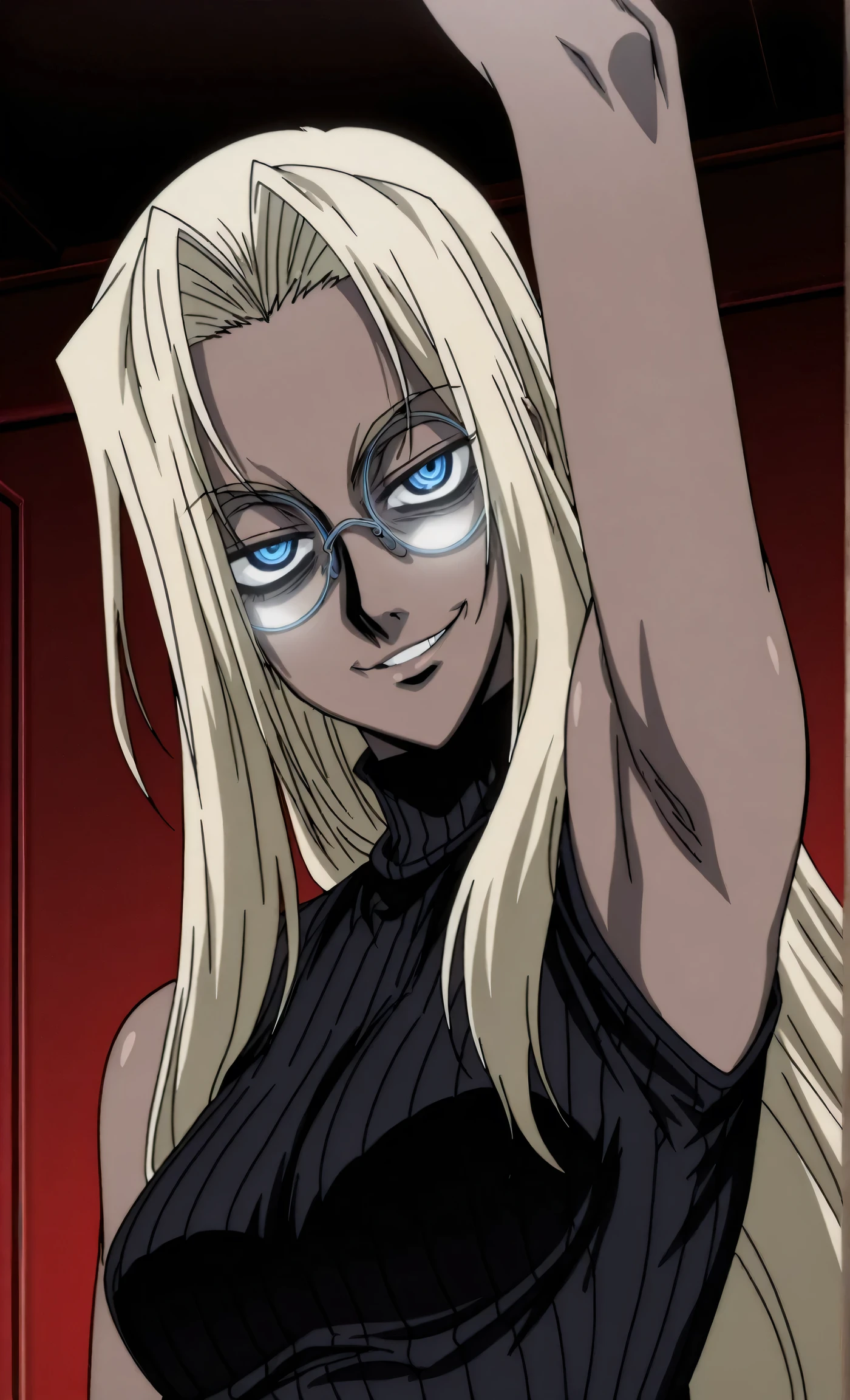 masterpiece, best quality, amazing quality, anime screencap, anime coloring, 1girl, solo, Hellsing_style, IntegraHellsing, mature female, blonde hair, forehead, very long hair, dark skin, blue eyes, small breasts, glasses, black sweater, sleeveless sweater, ribbed sweater, turtleneck, sleeveless, bare shoulders, bare arms, arm up, raised arm, armpit, armpit focus, head towards viewer, looking at viewer, direct eye contact, half-closed eyes, evil smile, confident, indoors, from side,