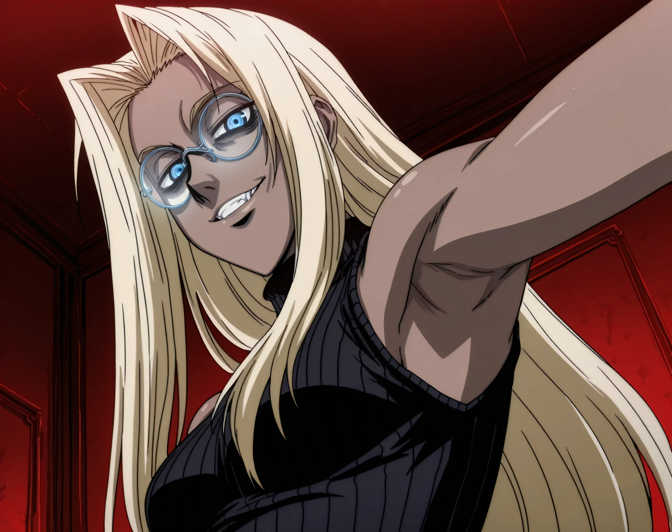 masterpiece, best quality, amazing quality, anime screencap, anime coloring, 1girl, solo, Hellsing_style, IntegraHellsing, mature female, blonde hair, forehead, very long hair, dark skin, blue eyes, small breasts, glasses, black sweater, sleeveless sweater, ribbed sweater, turtleneck, sleeveless, bare shoulders, bare arms, armpit, armpit focus, head towards viewer, looking at viewer, direct eye contact, half-closed eyes, evil smile, confident, indoors, from side, from below, armpit up close, close-up of armpit