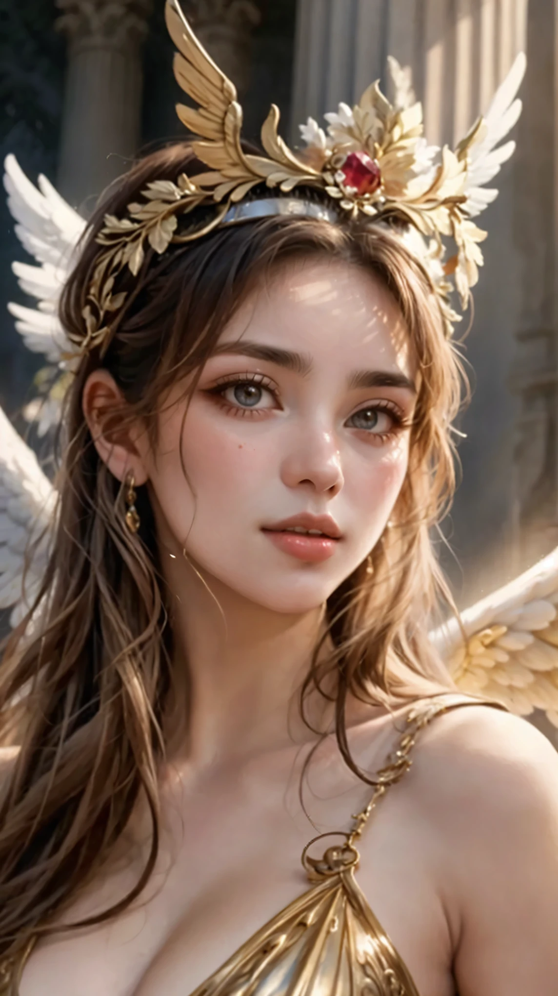 uma esYestua de uma mulher segurando uma lança e uma bandeira em frente a um prédio com colunas e colunas, deusa grega athena, a deusa Atena,  Athena goddess of wisdom , Deusa Dourada Atena, Goddess of Greek mythology, EsYestuas de mármore,  the Greek goddess Aphrotite , deusa grega, velha deusa grega,  Winged Victory !!!, neoclassical style ,  Venus goddess Athena , obra-prima, melhor qualidade, (()), ((18 anos)), ((female )), Rosto limpo,  garotas fofas , anatomia perfeita, molhado, sorriso feliz, Realista face, Realista, dynamic side lighting, perfect lighting, dynamic pose, dynamic angle, (1 ), solo focus, seios pequenos, ((Yes)),fotorreal ,hug, looking at the viewer,  FEMALE ANGEL WITH FOUR WINGS , with arm raised, estilo grego, Realista, MEDIABLE, classic style, classical painting, Realista PAINTING, ornamento dourado, OMBRO DOURADO, asas douradas, donzela, deusa, romano GREEK MUSE, romano, cabelo longo, Cabelo dourado, 8k RESOLUTION, ANGELIKA KAUFFMANN STYLE PAINTING, WILLIAM-Adolphe Bouguereau STYLE PAINTING, realista, (melhor qualidade, 4k, 8k, high resolution, obra-prima:1.2), Ultra-deYesiled, retrato realista, DeYesiled expression, postura elegante, atmosfera sonhadora, expressive brushstrokes, mystical atmosphere, Artistic interpreYestion, Beautiful curled hair ，delicate floral jewelry， Incredible small fresh-style clothes,  a whimsical illustration , Cores e tons sutis, mystical aura,The deYesils have been upgraded
