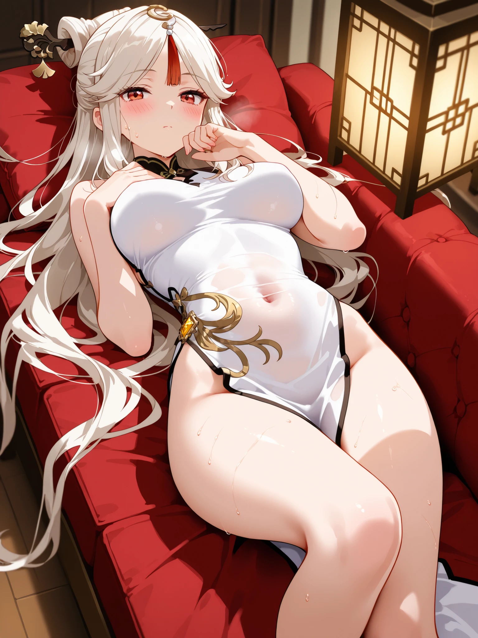 One girl, Solo, ((Colossal tits: 1.4)), ((fullnude: 1.4)), ((Hi-Res)), ((masuter piece)), ((Best Quality)), (Very detailed)), Large file size, fulcolor, Detailed background, long white hair, Red Eyes, (eye line), inside in room, mysterious lighting, Spread legs, Legs wide open, Rose flower, plein air, Lots of cushions,