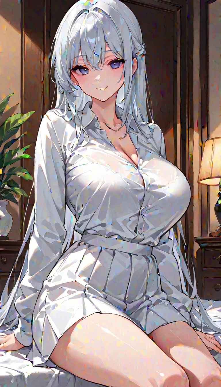 Girl with white hair and blue eyes, with big breasts and hips and wearing white pajamas with hearts