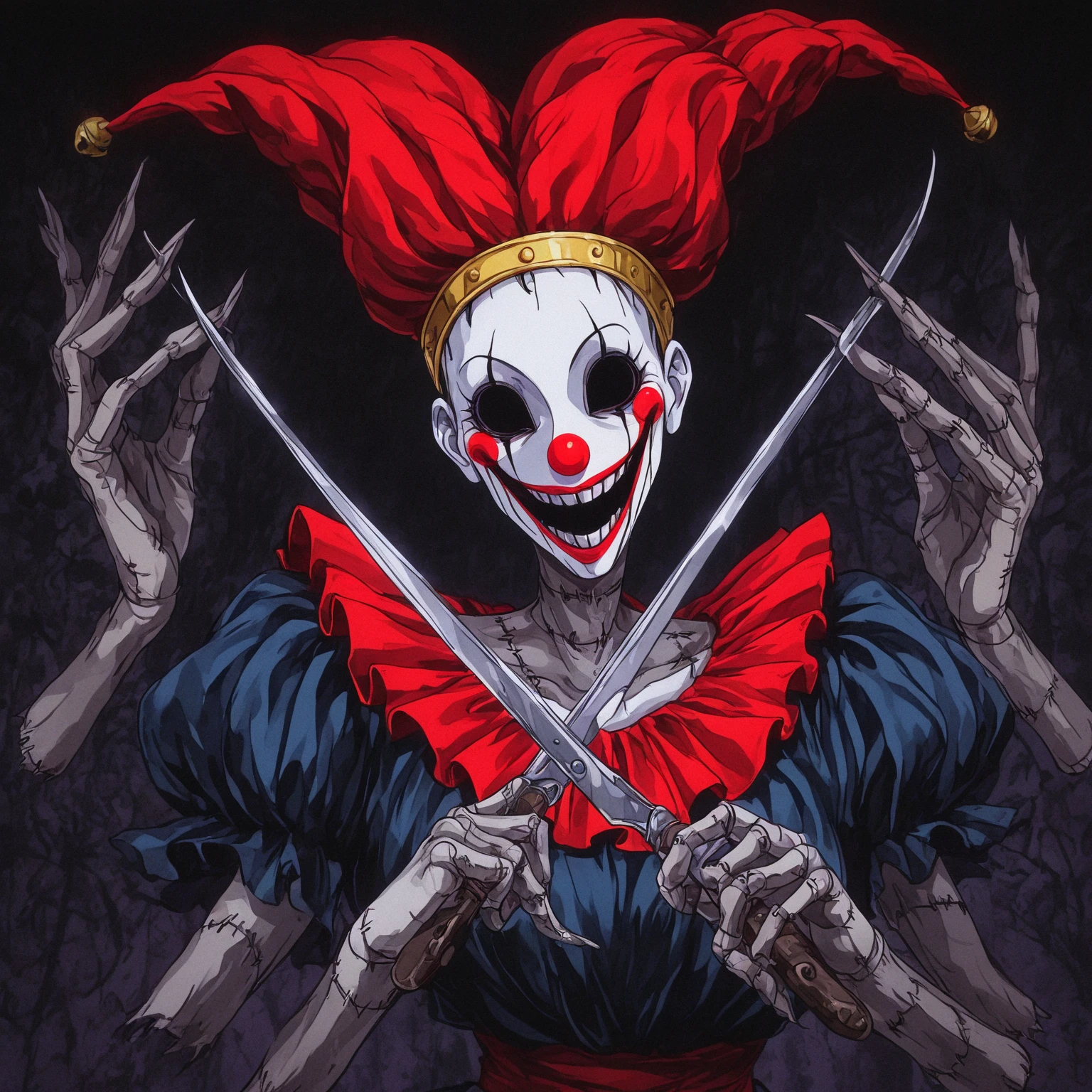 a harlequin card with a crazy face holding two sickles in his hands, wearing a black and white suit