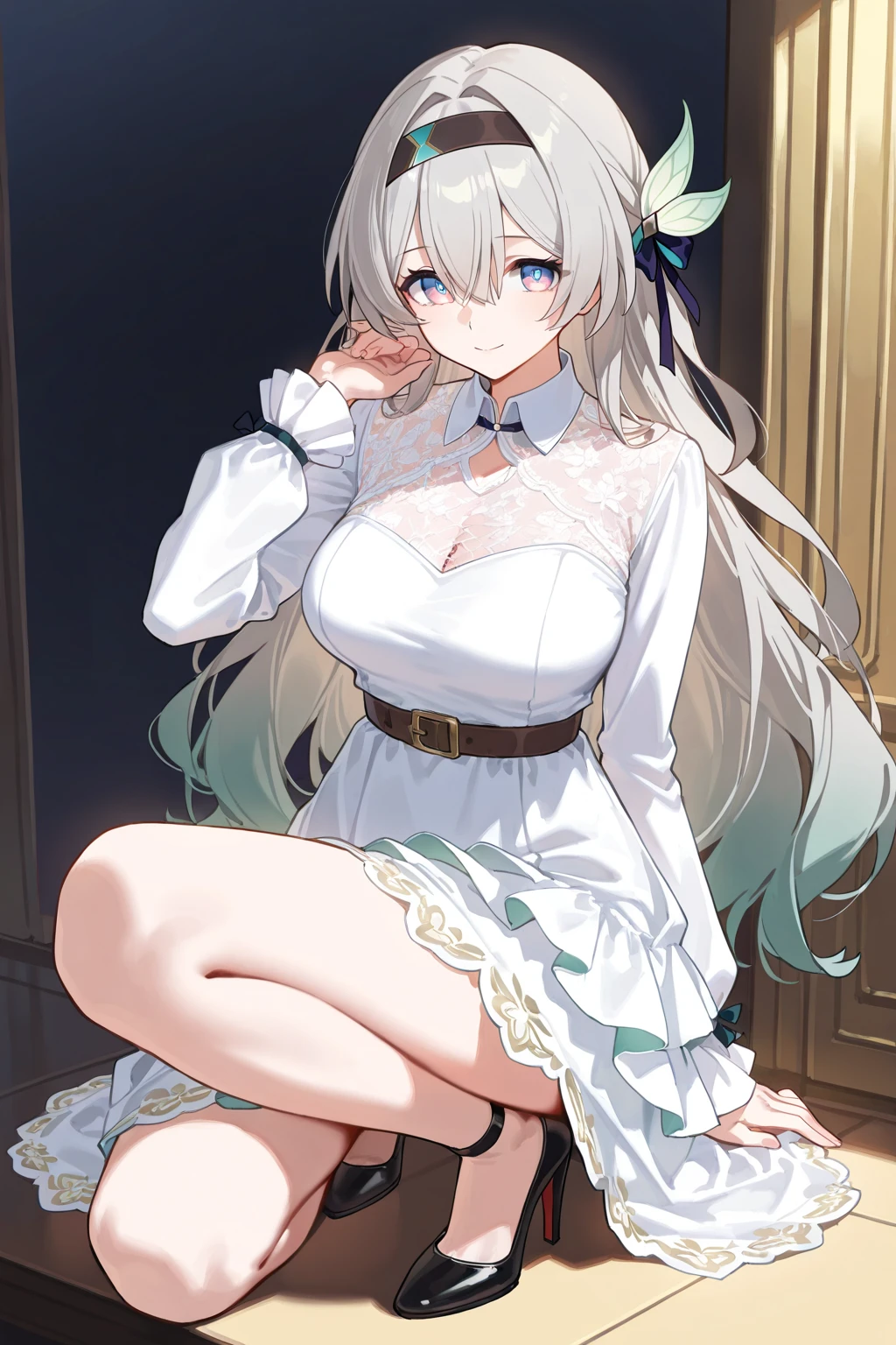big breasts:1.5、、highest quality、very detailed、Very realistic eye masterpiece、highest quality、very detailed、gray hair、perfect face、long hair、white dress、sundress、