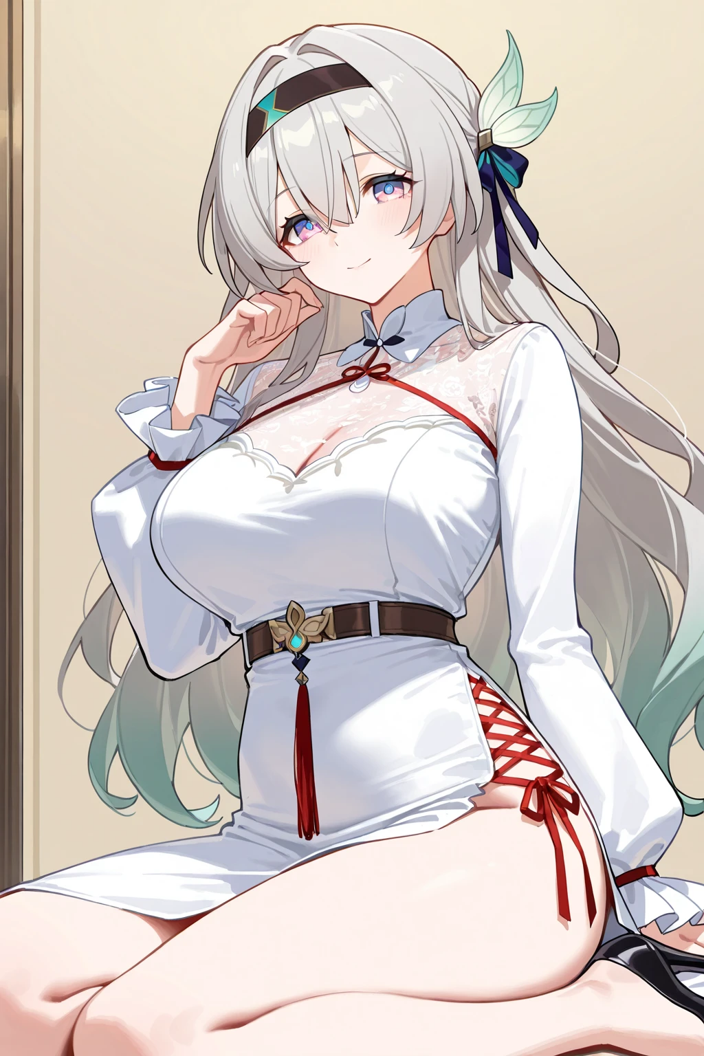 (Masterpiece), (Top Quality Anime Illustration), (Super Definition), One Girl, Solo, Silver-haired Beautiful Girl, Anime Loli, Cat Ear Loli, Red and White Priestess Costume, Lori Priestess, Smile, Cleavage Emphasis, Lower Breast Emphasis, Thigh Focus