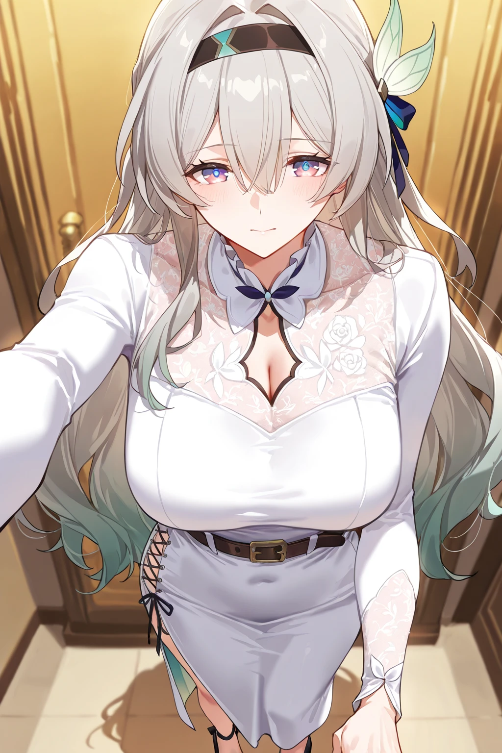 Highly detailed and realistic CG, Colorful, game cg, Best Quality, magnificent, jewel-like eyes, 1girl, solo, gray hair, long hair, twintails, hair over one eye, luxury headdress, lolita fashion, gothic dress, frill, long sleeves, blue rose headdress, large breasts, mole on chest, jewel, happy smile, closed mouth, baby face, round face, powder lights, portrait, (amber eyes:1.1), finger to mouth, from front,
