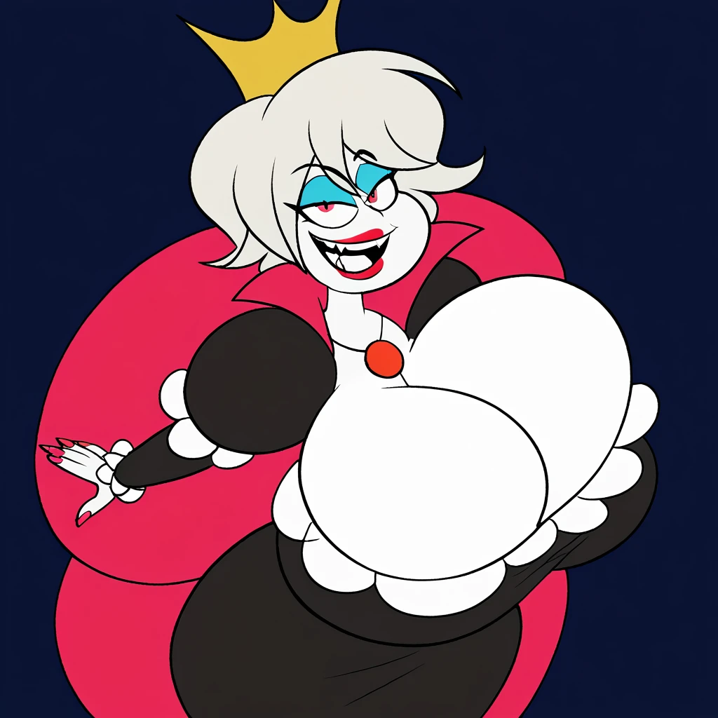 <lyco:MegaMilkV1-20:1.0>, poseMega, 1girl, breasts, super crown, collar, horns, large breasts, bracelet, crown, ponytail, long hair, smile, jewelry, teeth, nail polish, grin, pink_dress, leaning_forward, missheed, pink eyes, <lora:v1Stripper-15:1>, microphone, holding microphone, singing, stage, stage lights, (thick thighs:1.3), (wide hips:1.4), (large boobs:1.3)