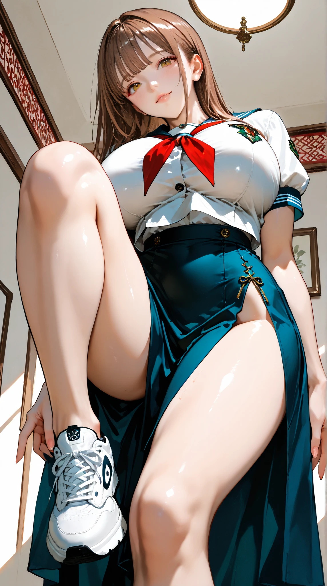 1womanl,12year old,Brown hair,Beautiful ponytail hairstyle, (Teal High Waist Mini Skirt:1.3),, (whiteshirt:1.3), (double-breasted,Underbust:1.2), Short sleeves, buttonGap,A smile,small tits,Sweaty shirt,Sweat in the thighs,half squatting,legs wide open,My crotch is wet,