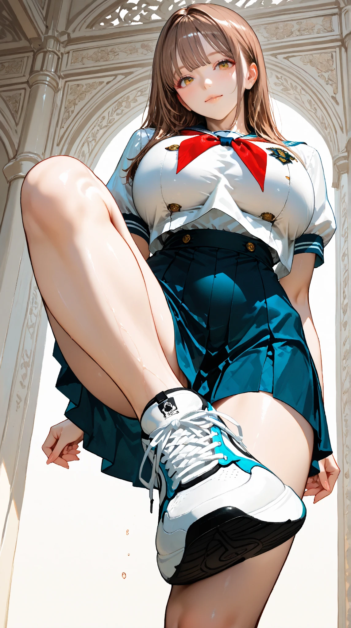 Solo, (1girl), single, single, ((light blue panties))), (((skirt lift))), ((hold the skirt)), school uniform, Exposed thighs, (cowboy shot) , girl with:With a girl standing in class_room、hair is black ,Tied with a ribbon。The face is round and cute。 ((Her hands are holding onto the skirt)) Overreaction:The girl's surprised expression was、Impossibly overreacting,(bashful, embarrassed), (graffiti murals wall background:1.15), brilliant colorful paintings, against wall,