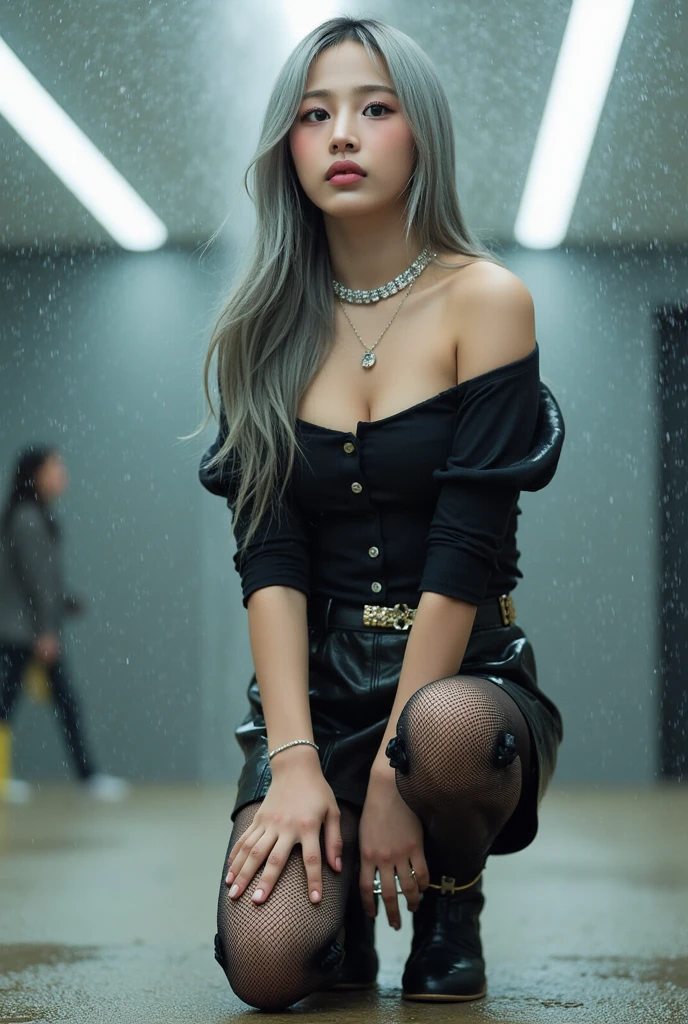 ((best qualtiy)), ((A masterpiece)), (detail:1.4), 3D beauty, Beautiful elf fantasy style silver haired beautiful girl,Correct posture,closeup of face,Elf long ears,ear studs,(Kneeling pose,squating+:1.8),((long layered silvery white hair,Silver hair combed into a bun:1.9)),(The barefoot,No shoes:1.6)(Western European medieval style,Metal Temple,:1.6),Metallic sequins,West Phantom Wind,closeup of face,closeup of face,(Extremely normal hands,Extremely normal legs),hdr(HighDynamicRange),Ray traching,NVIDIA RTX,Hyper-Resolution,illusory 5,Subsurface scattering、PBR Texture、post-proces、Anisotropy Filtering、depth of fields、maximum definition and sharpness、Many-Layer Textures、Albedo e mapas Speculares、Surface coloring、Accurate simulation of light-material interactions、perfectly proportioned、rendering by octane、Two-colored light、largeaperture、Low ISO、White balance、Rule of thirds、8KRAW