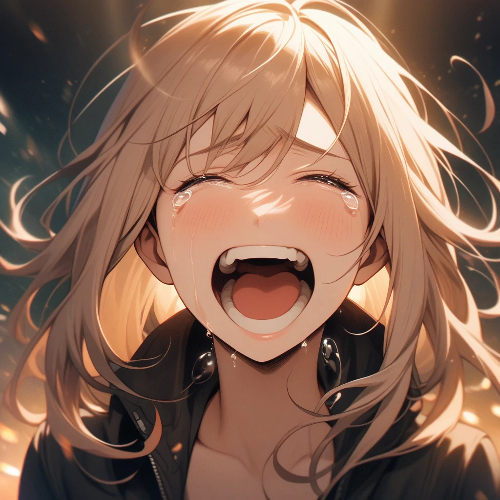 woman with straight hair, open cut, is laughing hysterically, tears in her eyes, uncontrollable laughter