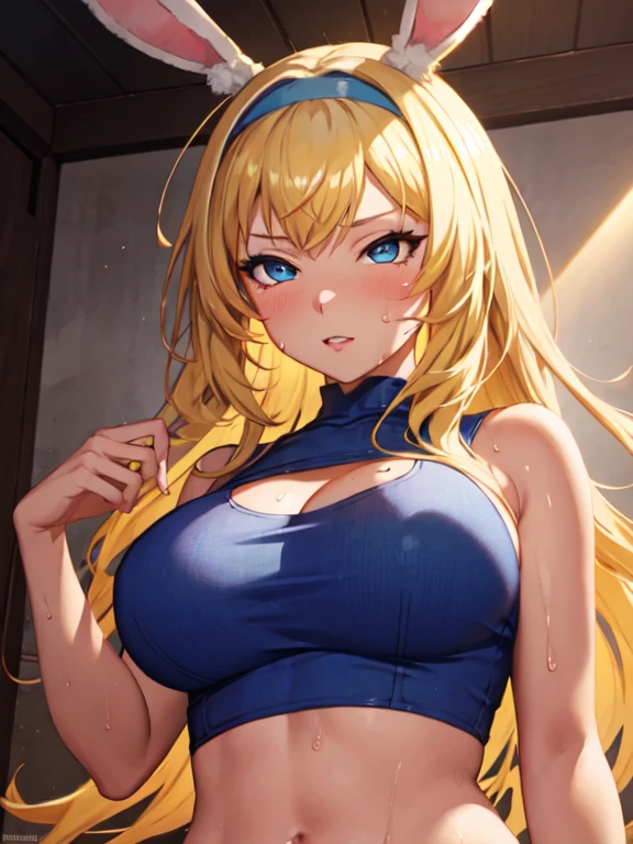 masterpiece, (Realistic:1.4), One girl, alone, (Huge breasts:1. 5), (Big cleavage:1.5), Dark blush, (Tank top, Short shorts:1. 3), smile, Blonde twin tails, Long twin tails, big hoop earrings
