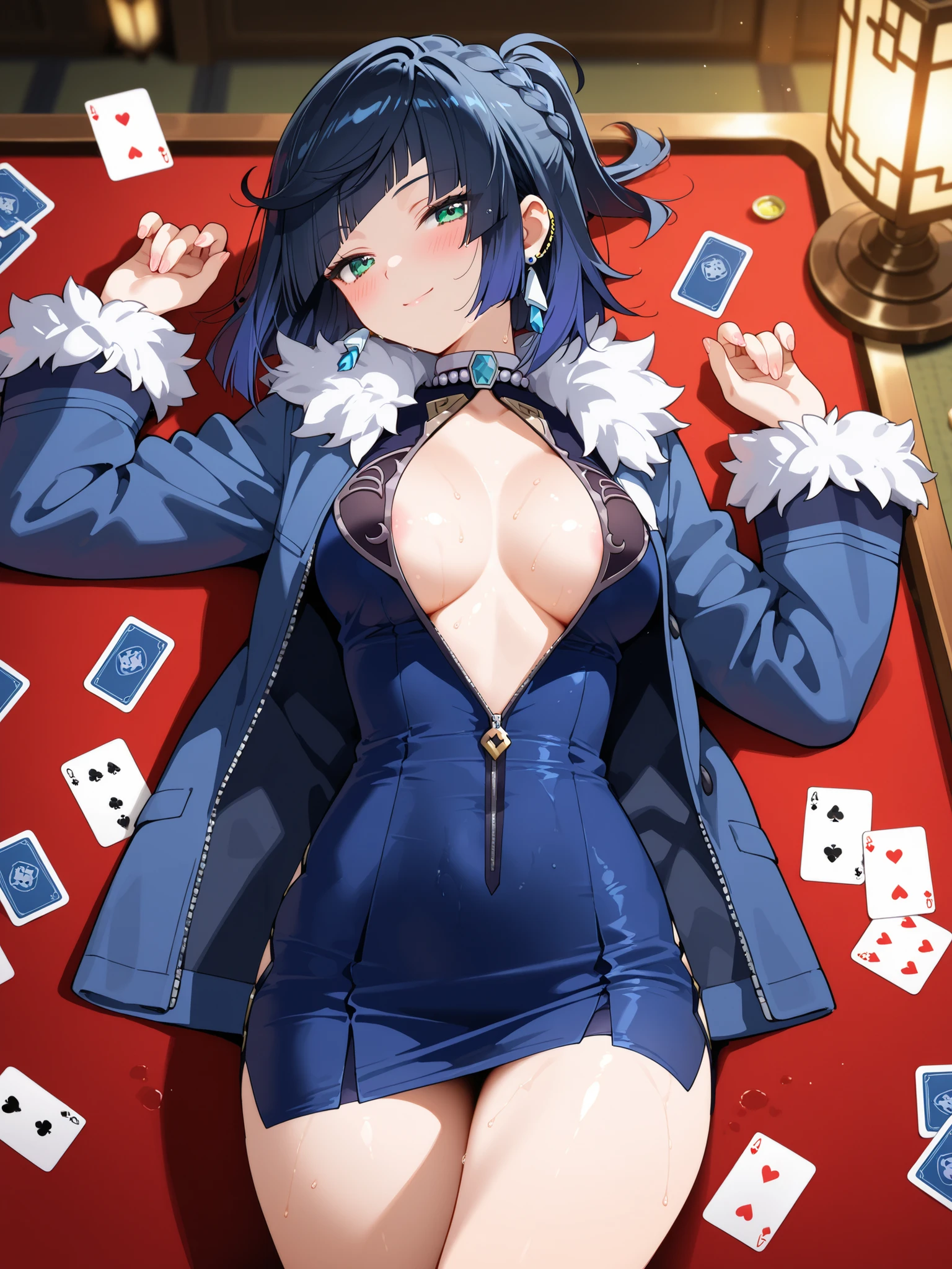 best quality,masterpiece,highres,solo,1girl, absurdres, ai_dongdong, armpits, arms_up, black_hair, bob_cut, cleavage, cowboy_shot, diagonal_bangs, dice, elbow_gloves, english_commentary, green_eyes, nude, naked, completely_nude, pussy, open pussy, head_tilt, highres, large_breasts, looking_at_viewer, medium_hair, parted_lips, smile, solo, tassel, vision_\(genshin_impact\), nude, nsfw, yelan_\(genshin_impact\)