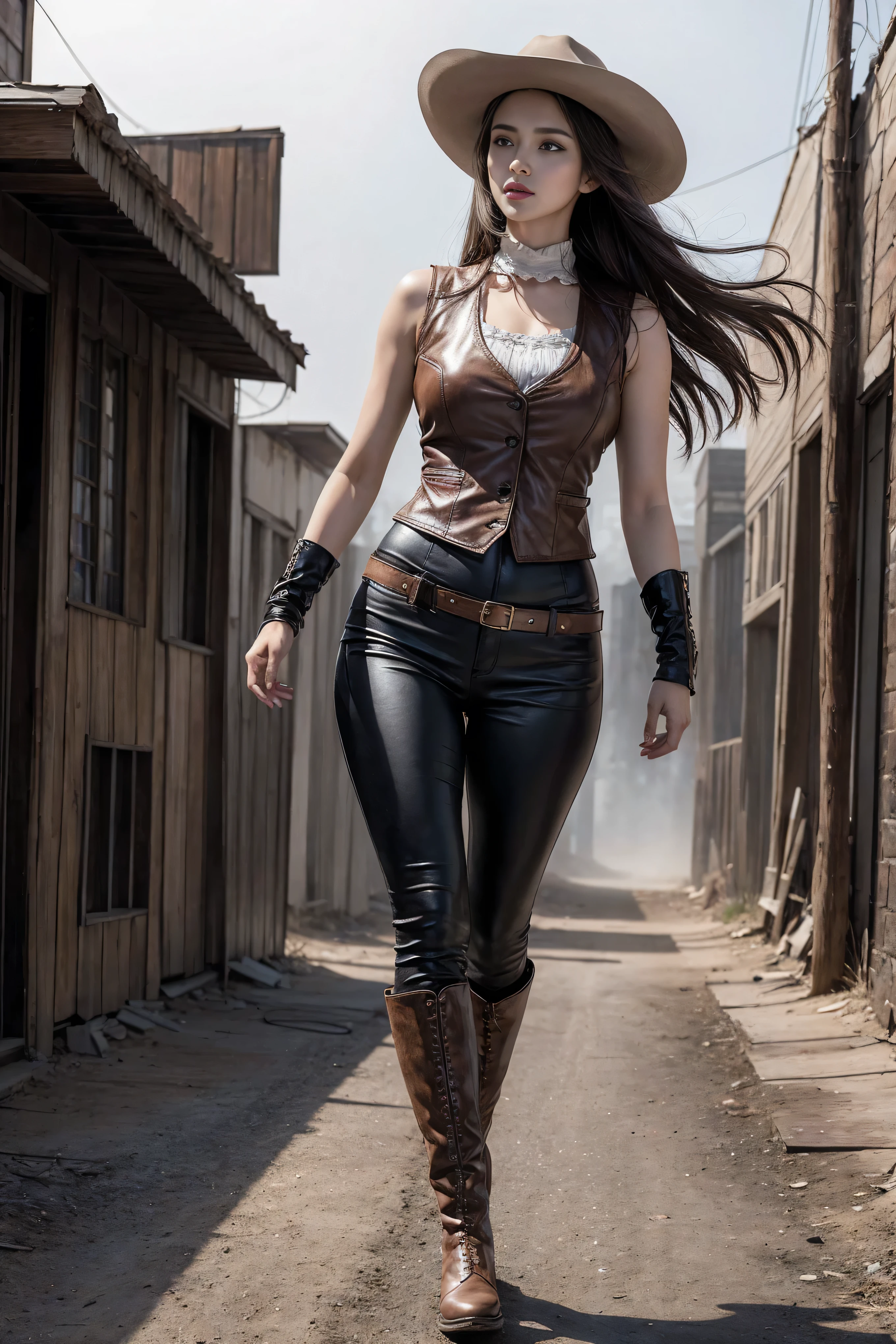 Full body cowboy woman circa 1880s, Brown long straight hair, Brown eyes, High arched eyebrows, Slender and graceful neck, Red lips, Large Breasts, Brown Leather Tights, Sleeveless Brown Leather Vest, Leather Boots, Walking on the dusty sandy streets of a deserted North American town,The wind blew through her hair, Practical, photoPractical, photoPractical, fear, Dark gloomy atmosphere and dramatic lighting, dark red, Foggy environment, Detailed facial expressions, Terrible fog