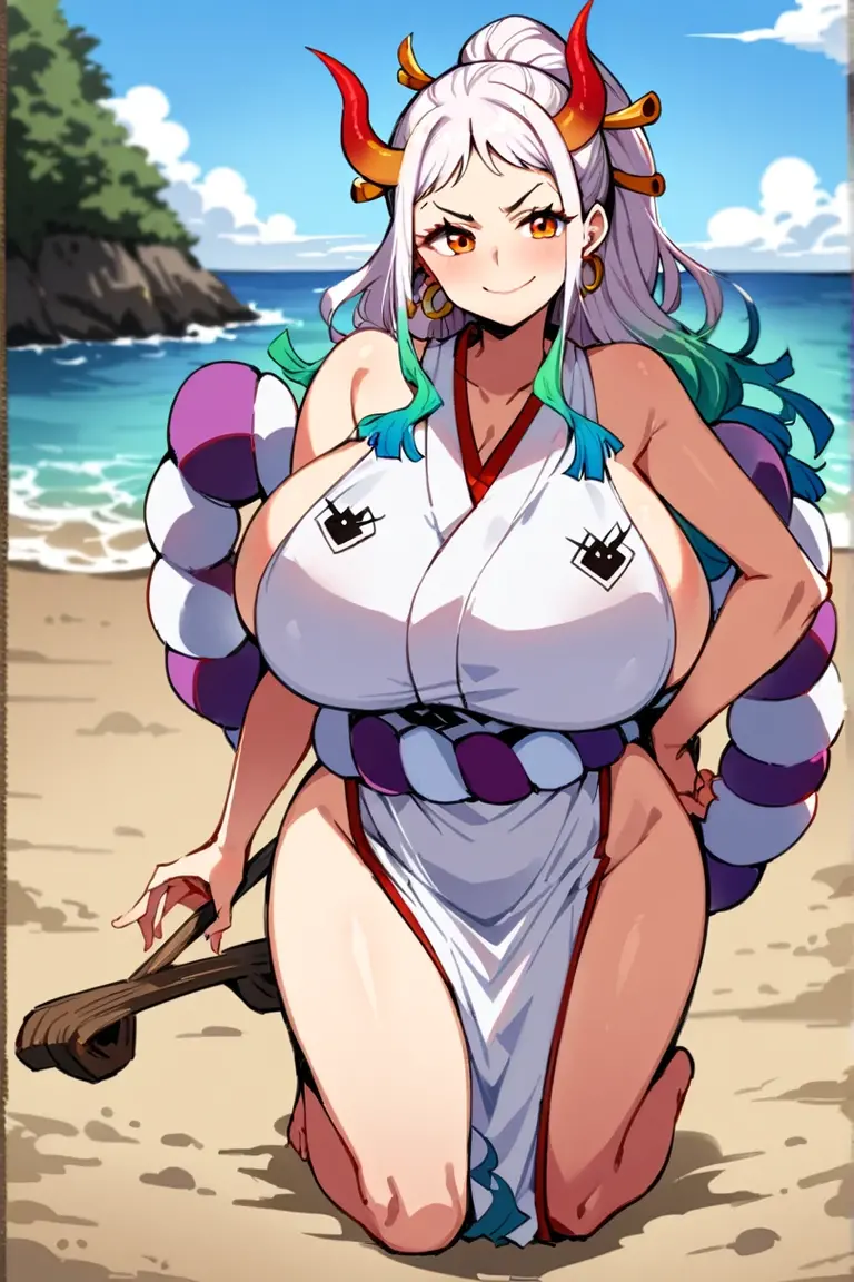masterpiece, high resolution, best quality, beautiful art, rendered art, well formed hands, body and fingers, 1 woman, solo, saigyouji_yuyuko, big breasted, cleavage, cosplaying as Mai Shiranui, alluring body, full body, gorgeous legs, hips and thighs, ryona, in peril, she is being beaten up by her opponent, receiving the impact of her opponent's attacks, reacting to pain, she is slammed on the sand, closed eyes, screaming in agony, sweating, weak, vulnerable, showing helplessness and fragility, bouncing breasts, ryona and perilous scene, beach background