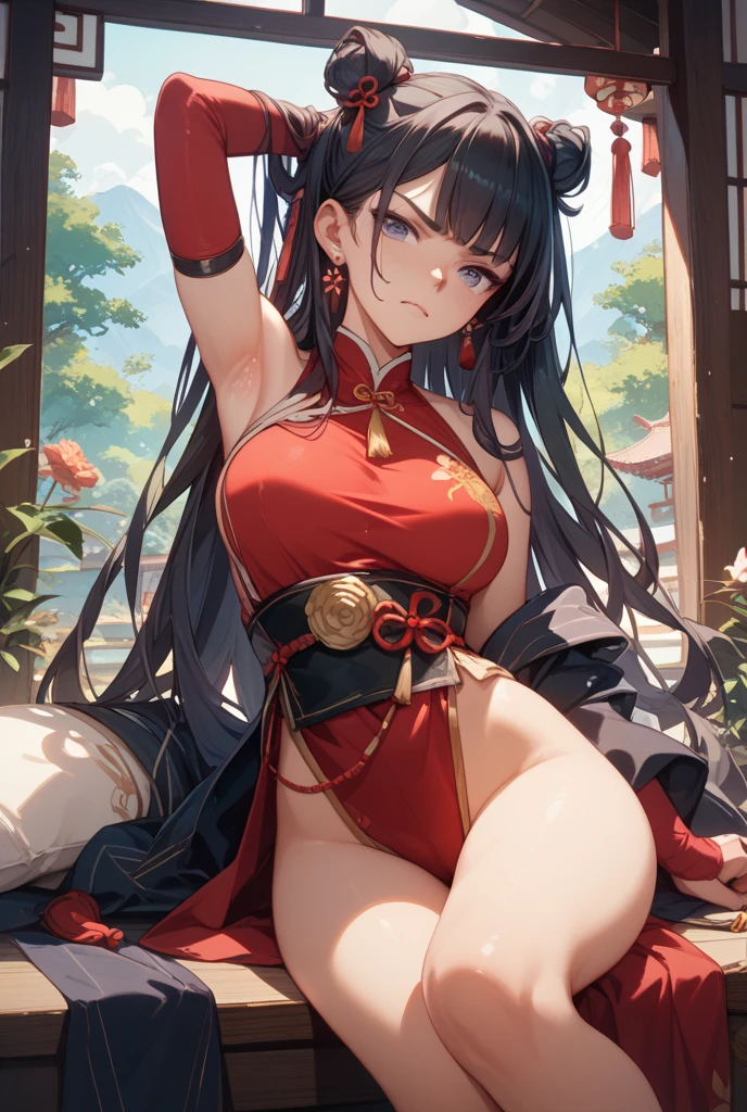 Masterpiece、Highest quality、Super detailed、1 girl、Black Hair、(Big Tits)、Fluffy and soft long hair、Red Eyes、Chinese clothing、Chinese Fantasy Palace、Cleavage、(The underboob is visible)、Belly button、Ruffles and ribbons、smile、Too big breasts