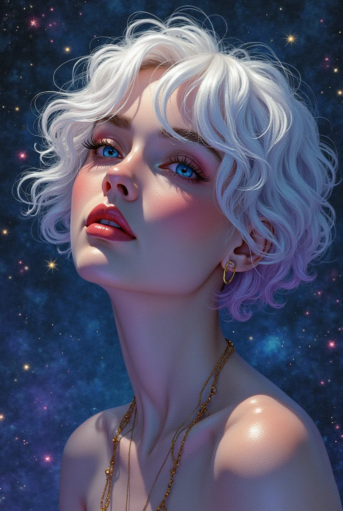 beauty, Girl, Hyperrealistic details, volumetric lighting, high quality, minute details, silver hair, heterochromia, space, particles,