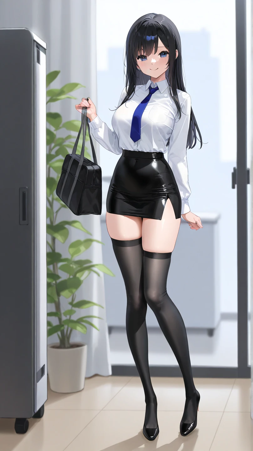 Long hair, black miniskirt, sexy
