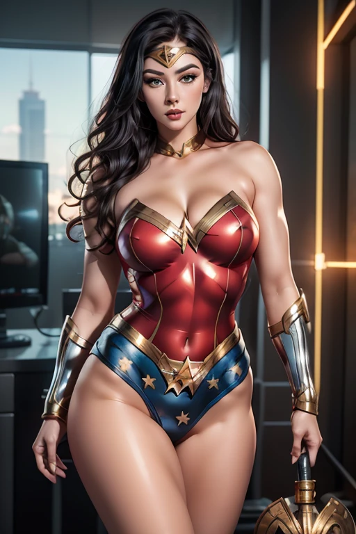 (melhor qualidade,4k,8k,alta resolução,masutepiece:1.2), (LUCY PINDER BBW, 30 anos), cintura fina, (bunda enorme, Sagging Tits: 1,9), Footfall , ( WONDER WOMAN costume), sexy, sensual, hot, sorridente, (Sagging Tits: 1,9), decotes, bunda enormes. ((mesmo personagem, headpe, lado, costas)), (perfect hands)