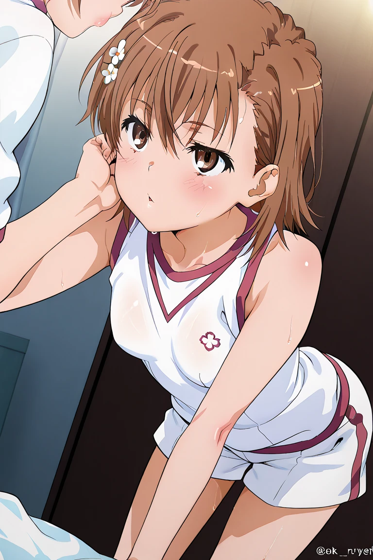 (((pixel perfect, detail perfect))), alone, 1 girl, Misaka Mikoto, tokiwadai , bow, looking at the viewer,, whole body、(Breast Exposure、Nipple exposure、medium breasts))、smile、Tokiwadai Junior High School Uniforms、白いパンティー,lie down on the bed